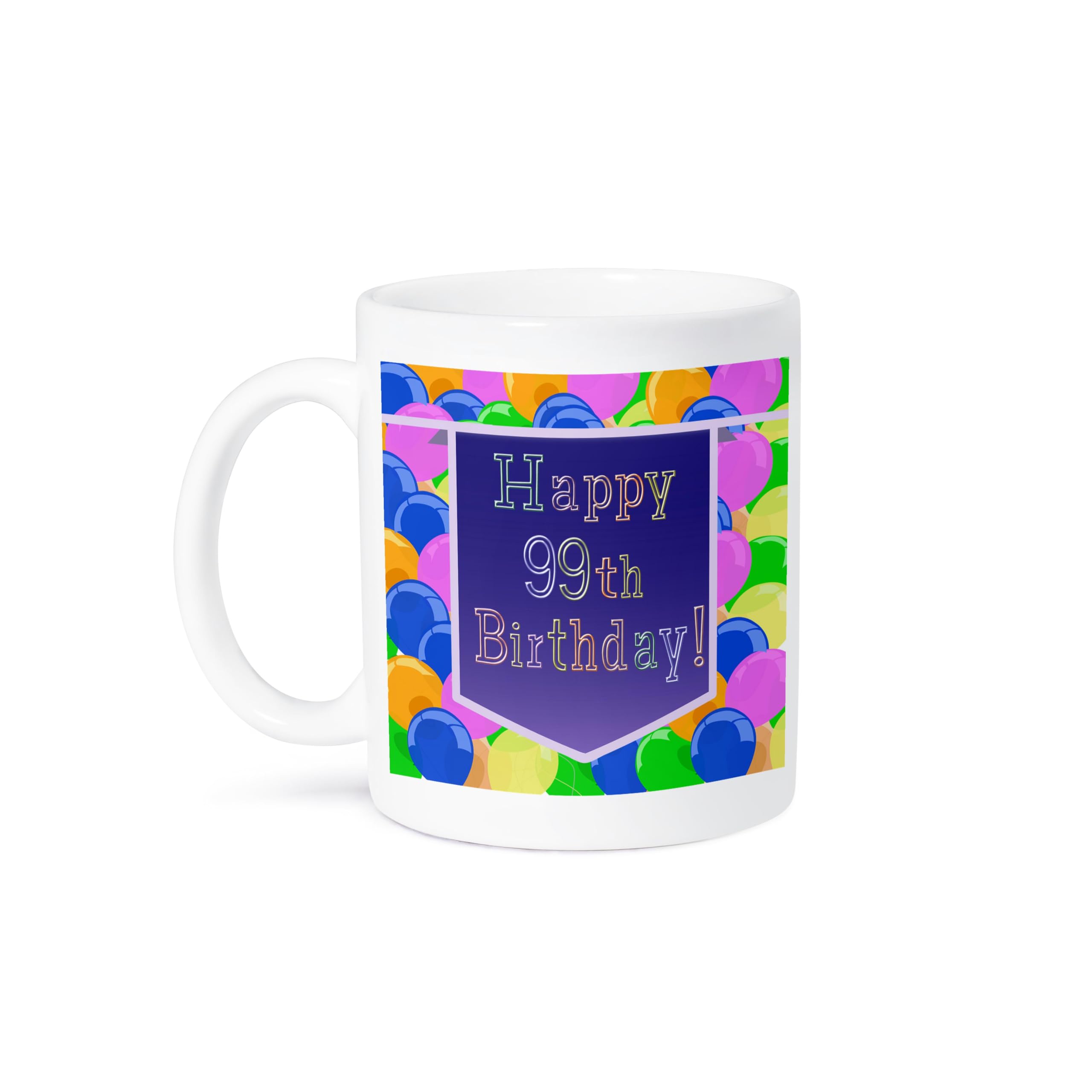 3dRose Happy 99th Birthday Balloon Mug with Purple Banner - 15oz Ceramic Coffee Cup for Birthday Celebrations, Gift Ideas & Office Use