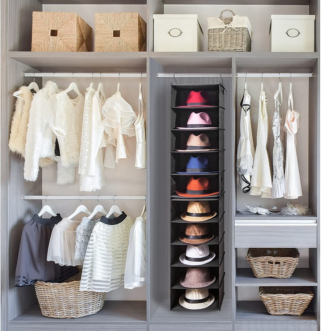2-Pack Black Hat Rack for Closet - 10-Shelf Hanging Organizer for Fedoras, Cowboy Hats & Wide Brim Sunhats - Space-Saving Cap Storage Solution - Easy to Install (Perfect for Bedroom, Walk-in Closet & Entryway Organization)