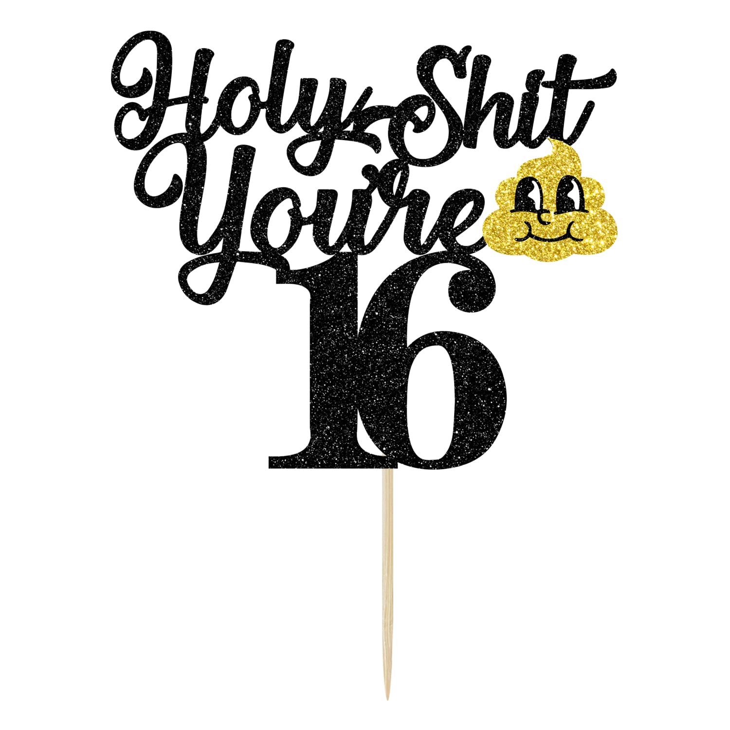 16th Birthday Cake Topper - Holy Shit You're 16 Black Glitter Cake Decorations | Cheers to 16 Years Party Supplies | Perfect for Sweet 16 Celebrations, Milestone Birthday Parties & Teenager Cake Decorations