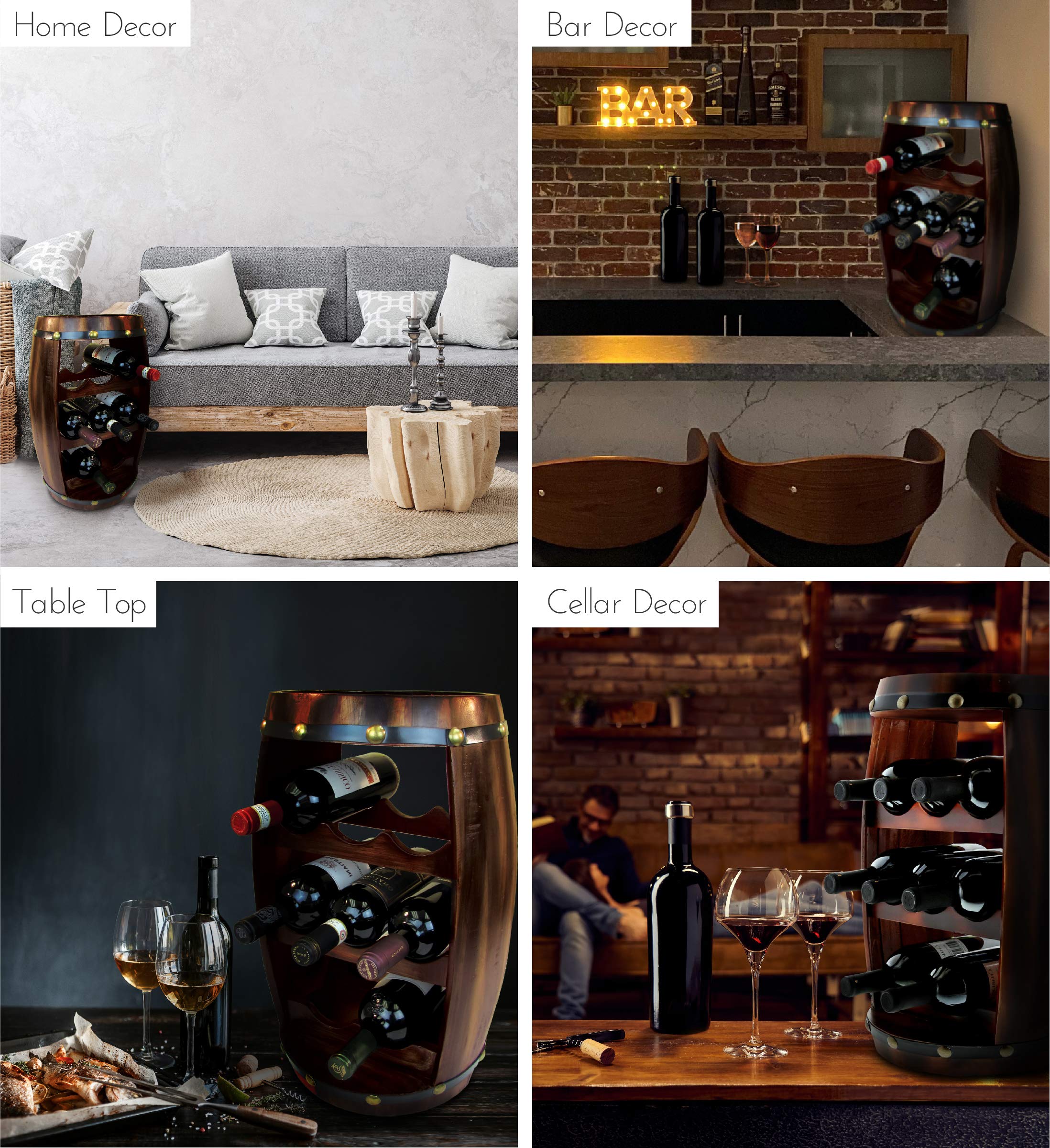 CoTa Global Alexander Wooden Barrel Wine Rack - 8 Bottle Capacity, Freestanding & Wall Mountable Rustic Wine Storage for Home Bar, Kitchen, Dining Room, Cellar or Office Decor