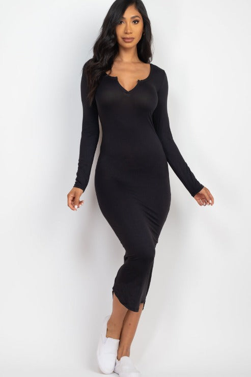 Split Neck Long Sleeve Midi Dress for Women - Elegant Flowy Boho Style for Date Night, Wedding Guest & Special Occasions