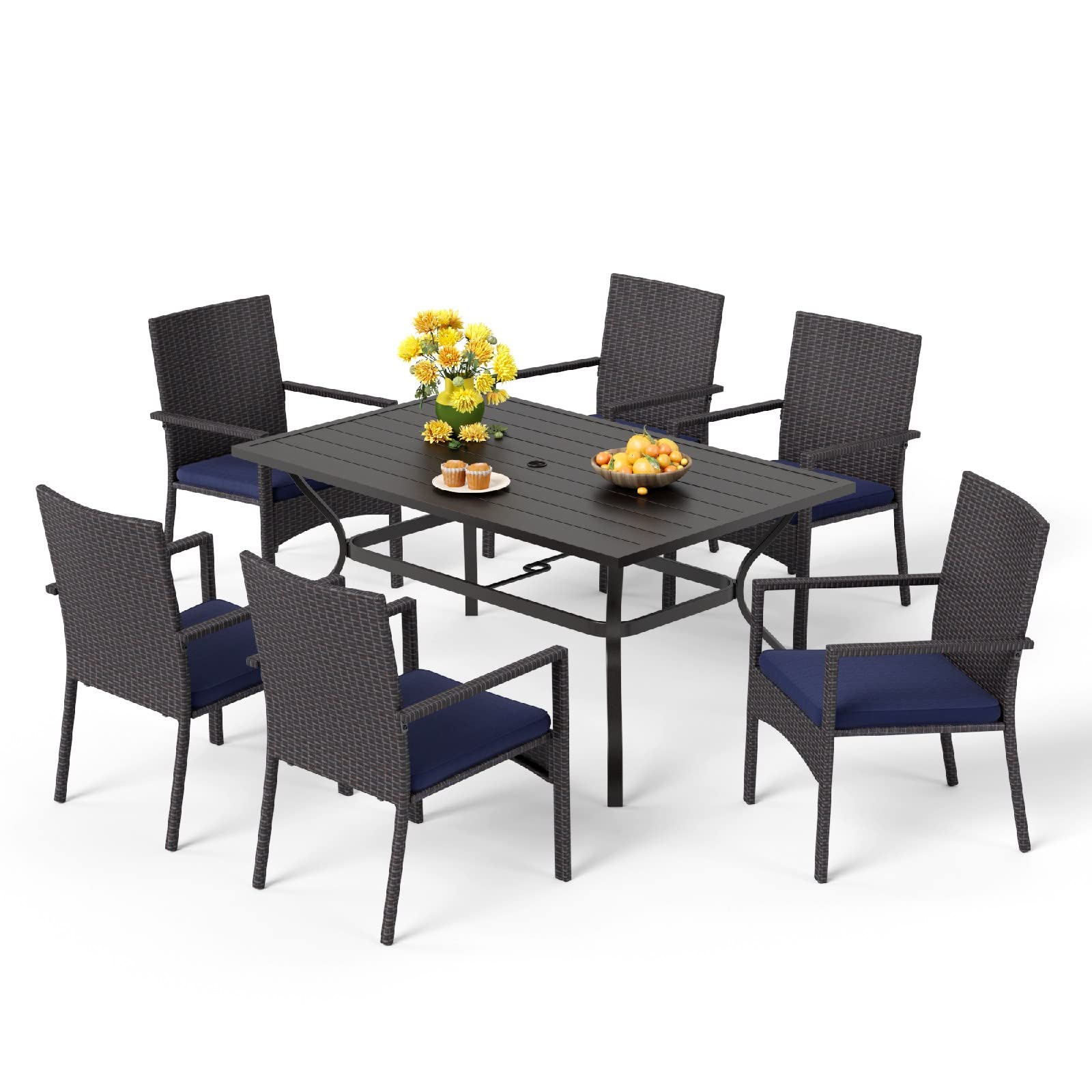 MFSTUDIO 7-Piece Outdoor Rattan Patio Dining Set with 6 Chairs - Wicker Furniture for Backyard, Garden, Poolside - Rectangular Metal Table & Cushioned Seating for 6 - Perfect for Outdoor Entertaining & Family Gatherings