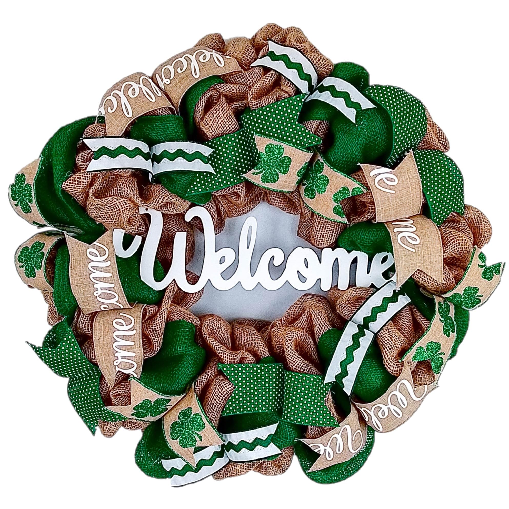 St. Patrick's Day Welcome Wreath - Green & White Burlap Clover Door Decor - Irish Porch Hanging for Saint Patrick's Festival - Perfect for Front Door, Home, Office & Party Decorations