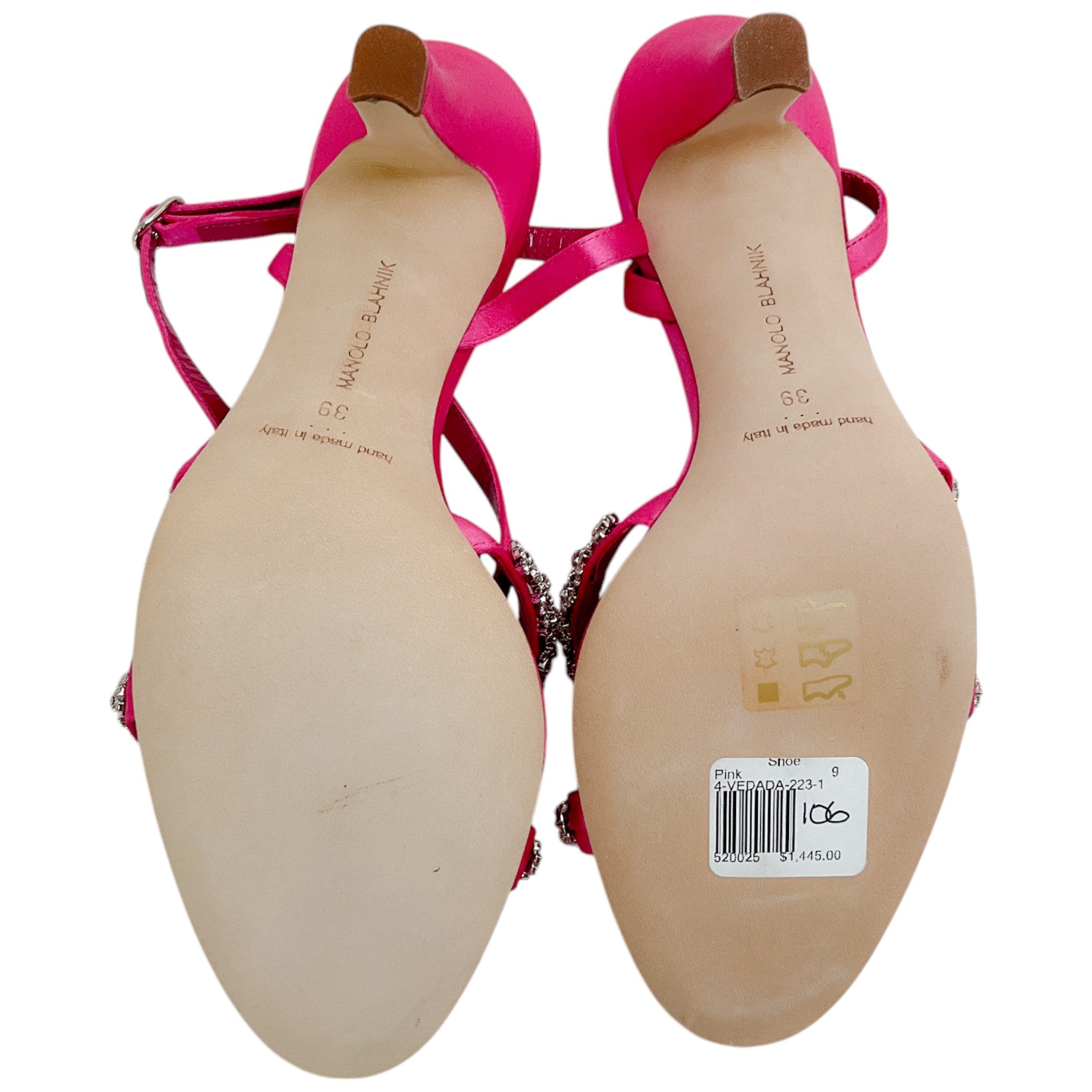Manolo Blahnik Vedada Crystal Embellished Satin Sandals for Women - Bright Pink Luxury Heels for Weddings, Parties & Special Occasions