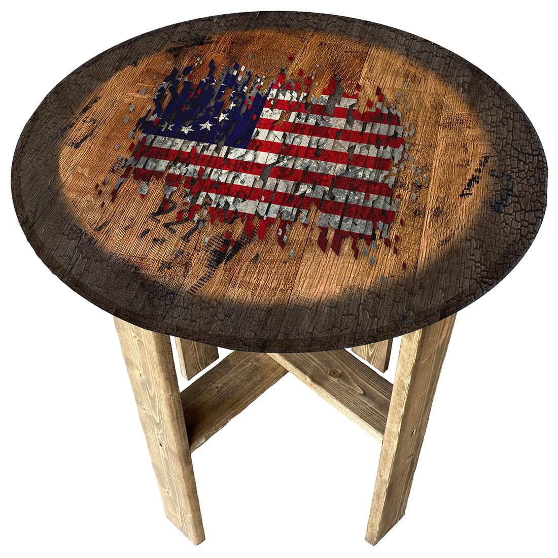 Betsy Ross American Flag Wooden Round Whiskey Barrel End Table - Rustic Farmhouse Decor, Patriotic Home Gift for Living Room, Porch, or Man Cave