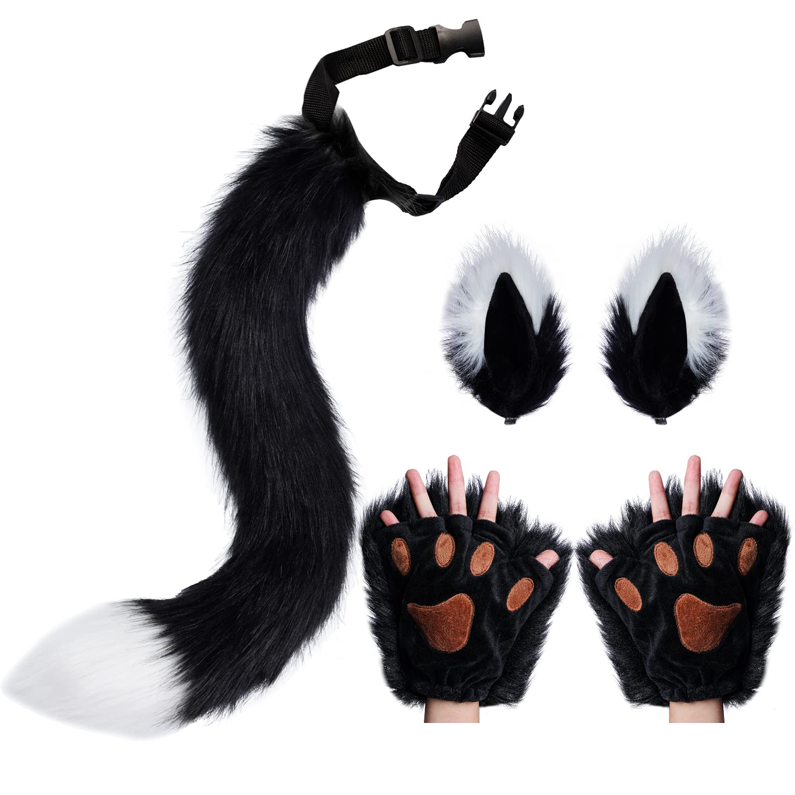 Faux Fur Wolf Fox Tail Hair Clips with Ears & Gloves Set - Halloween Christmas Cosplay Costume Accessories for Party Dress Up & Role Play