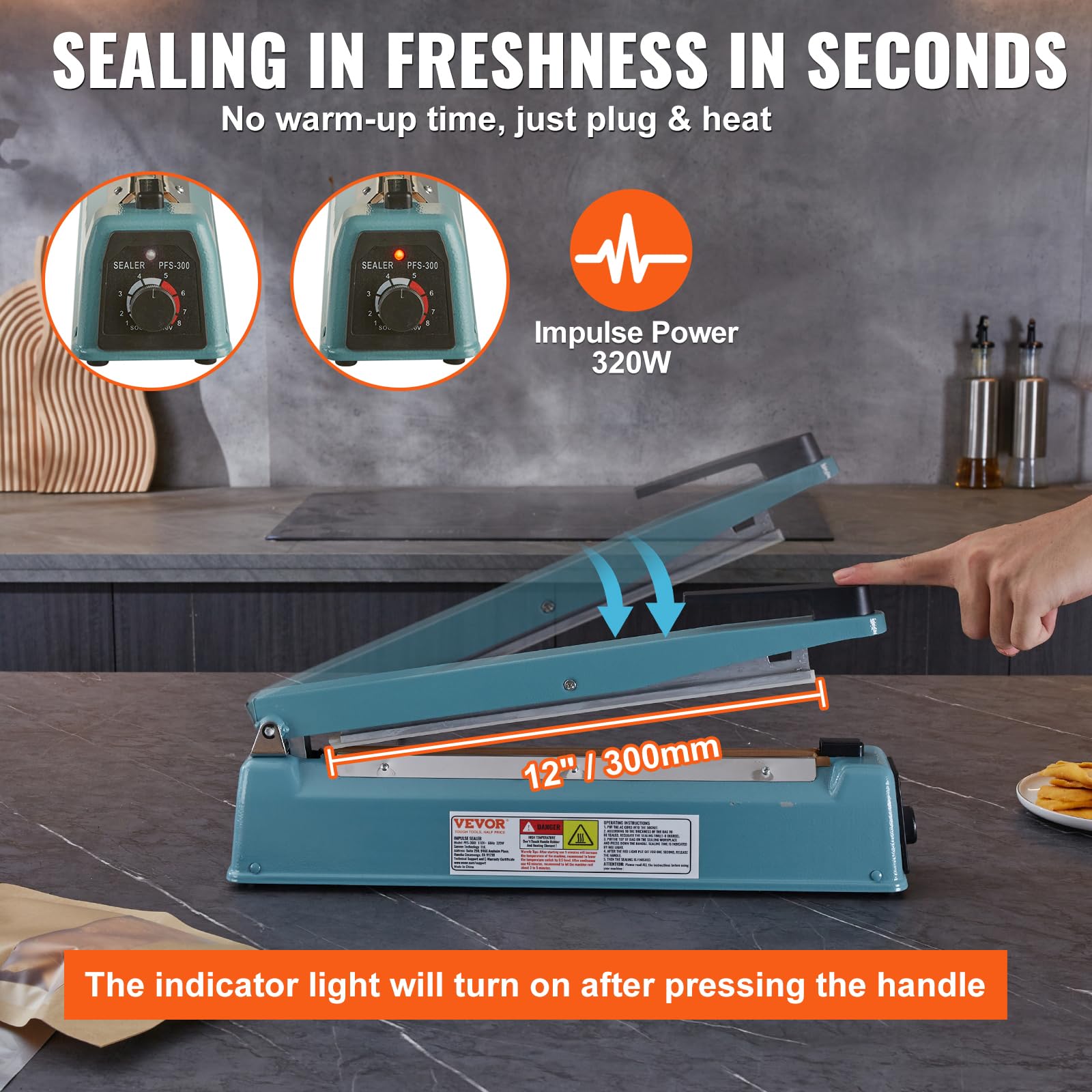 VEVOR 12 Inch Manual Impulse Sealer - Adjustable Heat Sealing Machine for Plastic, Mylar, PE & PP Bags | Portable Poly Bag Sealer with Extra Replacement Kit | Ideal for Food Packaging, Retail & Warehouse Use