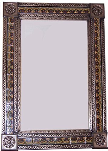 Authentic Mexican Tile Mirror - Handcrafted Big Brown Greca C Design for Wall Decor, Bathroom, or Entryway