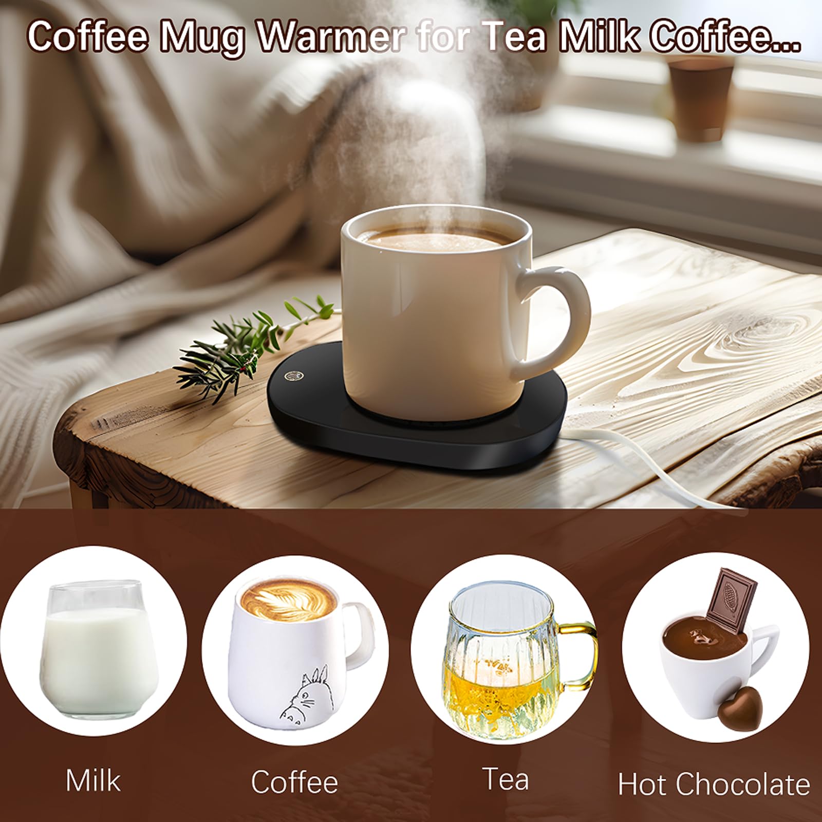 3-Temperature Adjustable Coffee Warmer for Desk - USB-Powered Mug Warmer for Office, Home & Travel - Perfect for Keeping Coffee, Tea & Beverages Hot All Day
