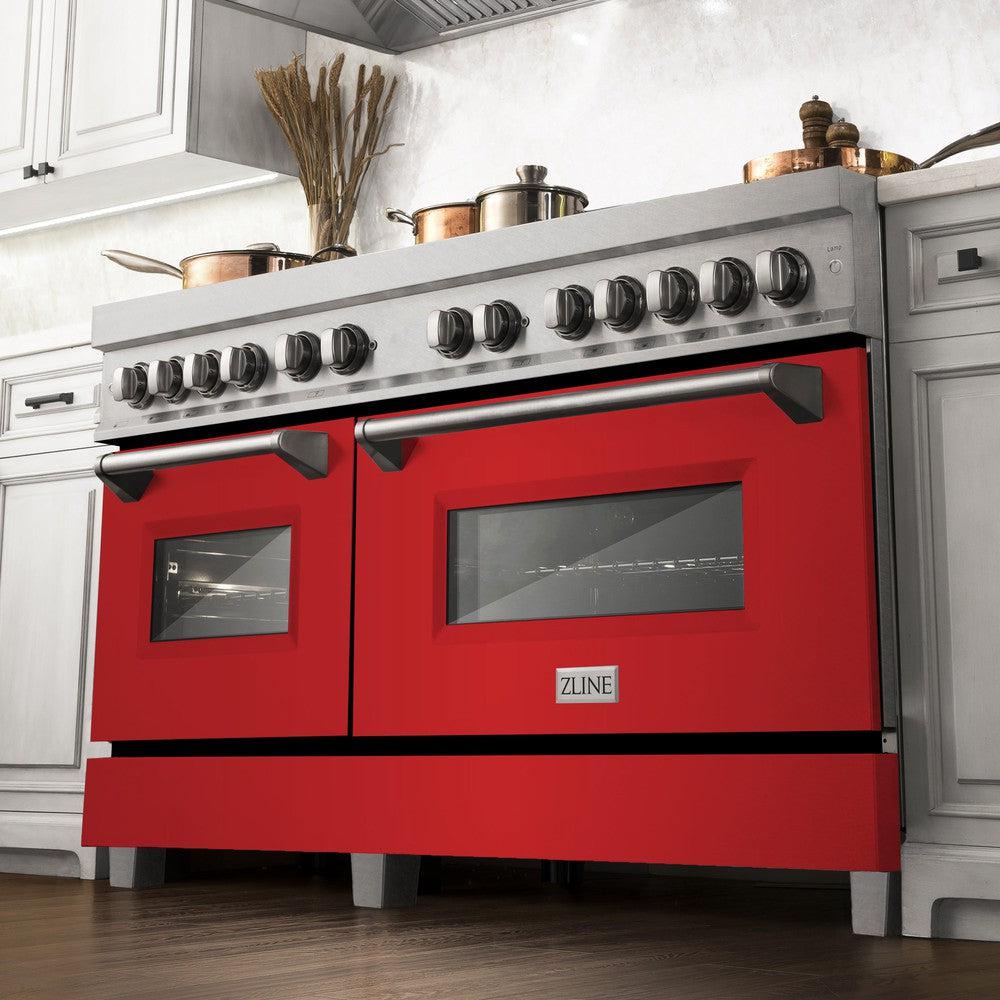 ZLINE 60-Inch 7.4 cu. ft. Dual Fuel Range with 9-Burner Gas Cooktop & 2 Electric Convection Ovens - Satin Stainless Steel with Red Matte Doors (RAS-RM-60) - Perfect for Professional Home Chefs & Modern Kitchens