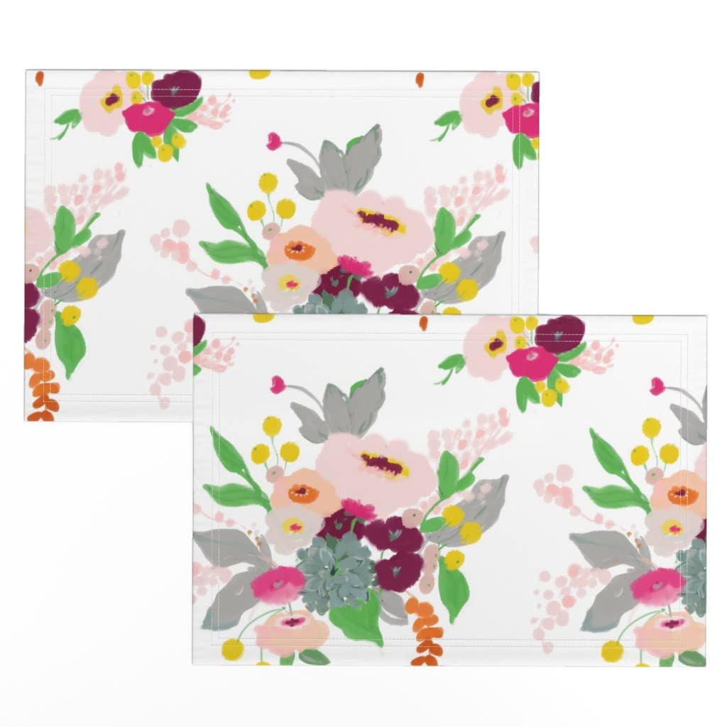 Premium Linen Cotton Canvas Placemats Set of 2 - Spring Bouquet Floral Watercolor Design with Pink Garden Succulent Print | Elegant Dining Table Decor for Home, Kitchen & Party Entertaining