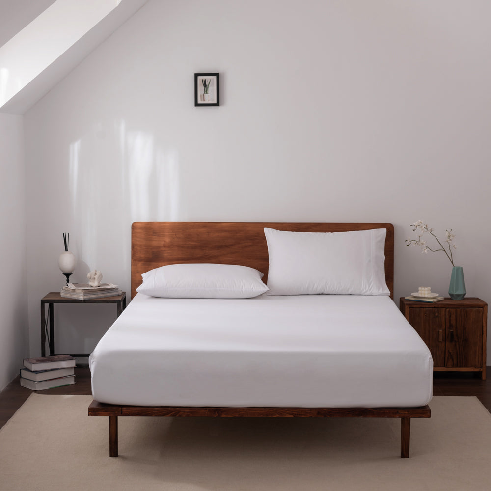 Premium 400 Thread Count Casey Cotton Fitted Sheet & Pillowcase Set - White Double Bed (50cm) for Ultimate Comfort - Perfect for Guest Rooms, Dorms & Luxury Bedding Upgrade