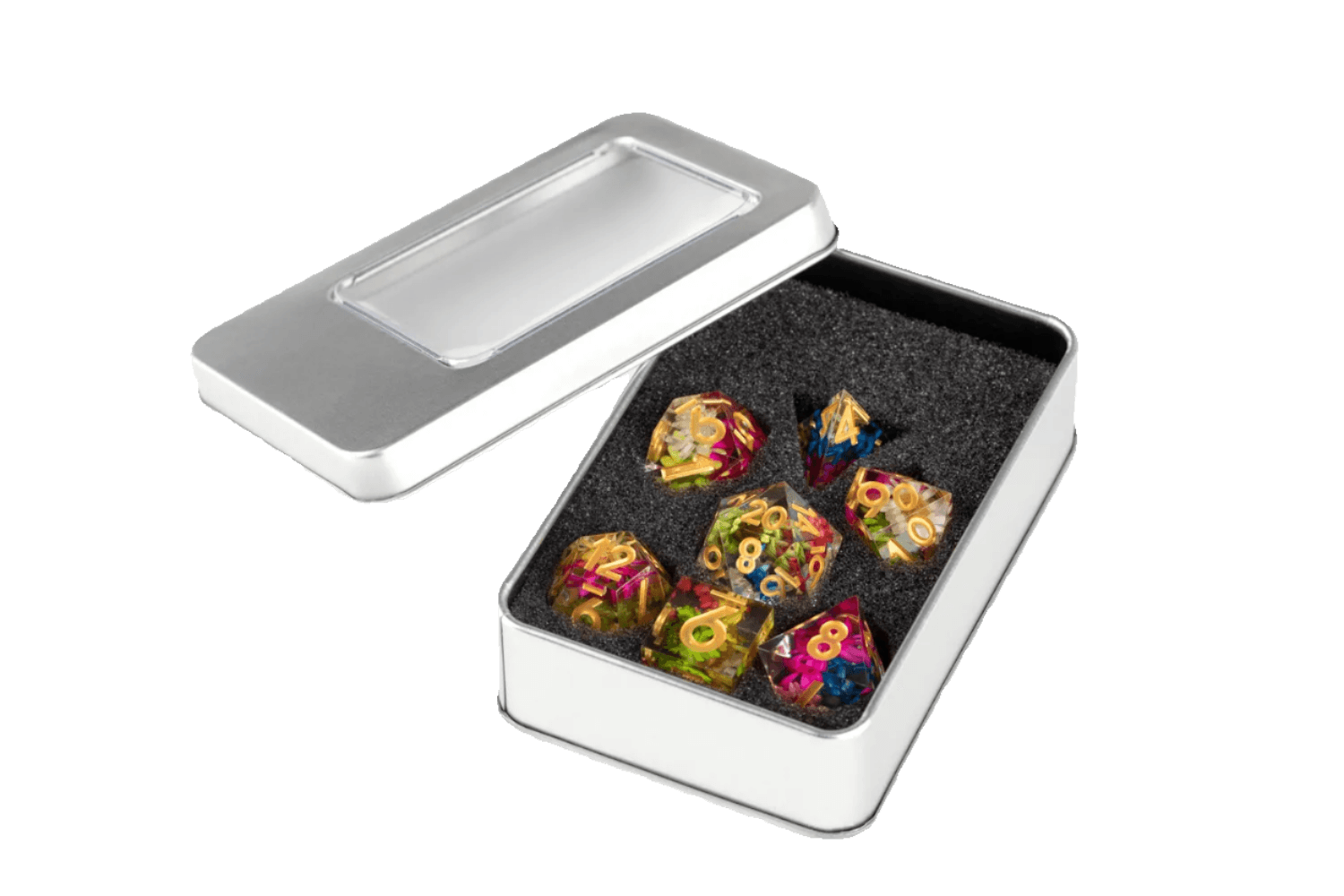 Handcrafted Sharp Edge Resin Dice Set - Chrysanthemum Design with Pink Numbers for D&D, RPG, Tabletop Gaming & Collectors