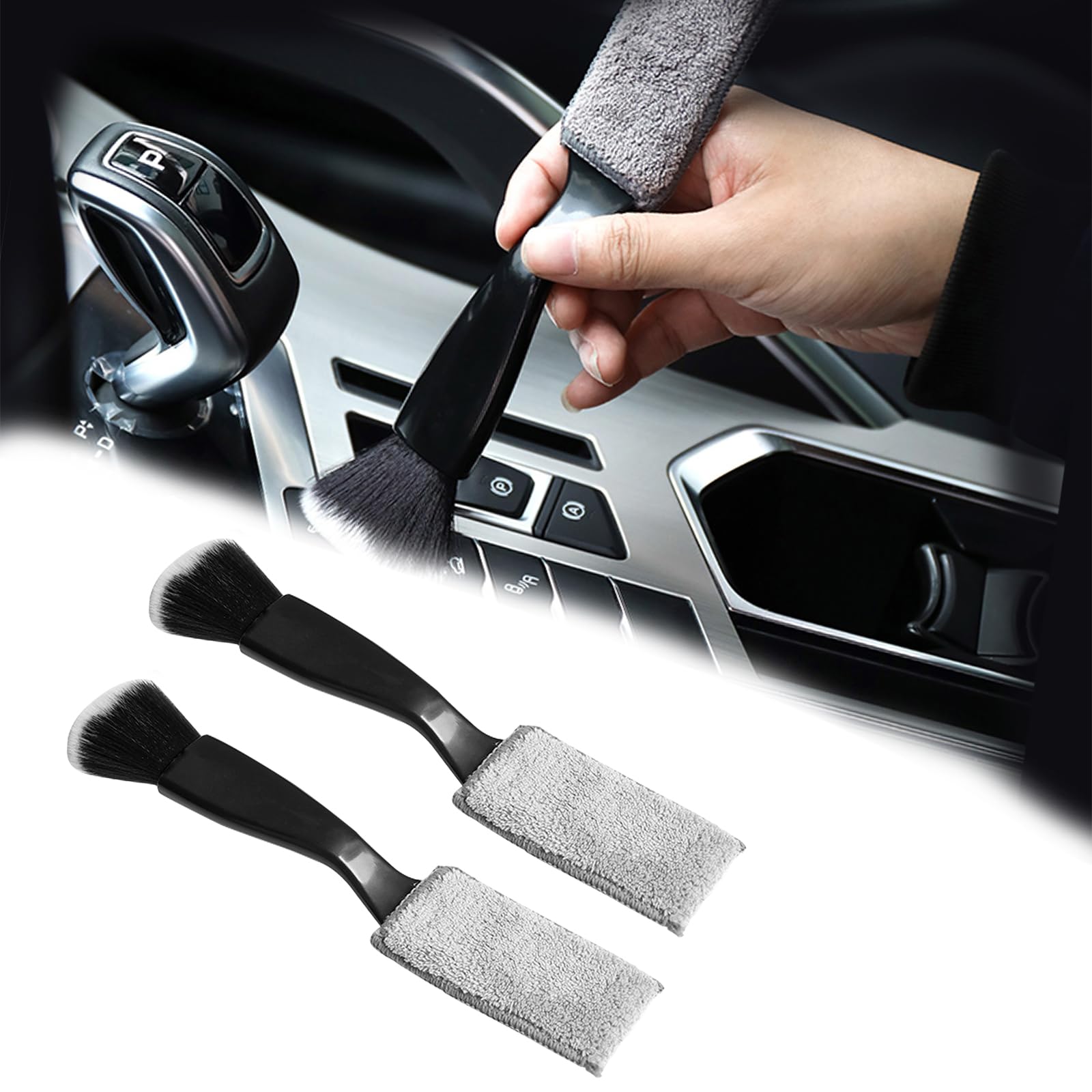 Premium Double Head Car Detailing Brush Set (2 Pack) - Soft Bristles for Interior & Exterior Cleaning - Ideal for Dashboards, Vents, Upholstery & Wheel Rims - Black