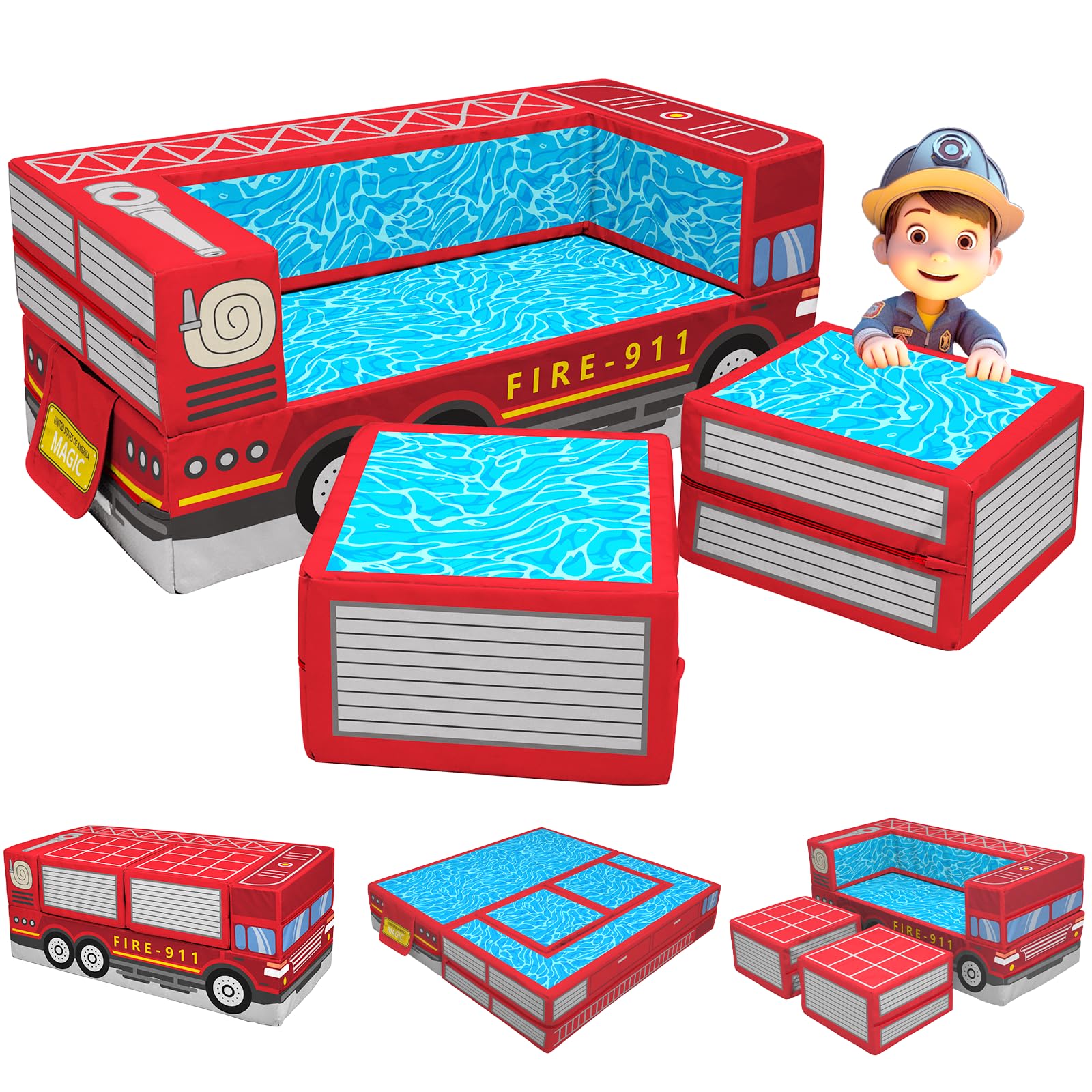 Hän Babos Kids Modular Sofa - Fire Truck Themed Convertible Toddler Couch for Boys & Girls | Playroom, Bedroom & Nursery Furniture | Multi-Functional Kids Sofa Bed for Playtime, Naps & Sleepovers