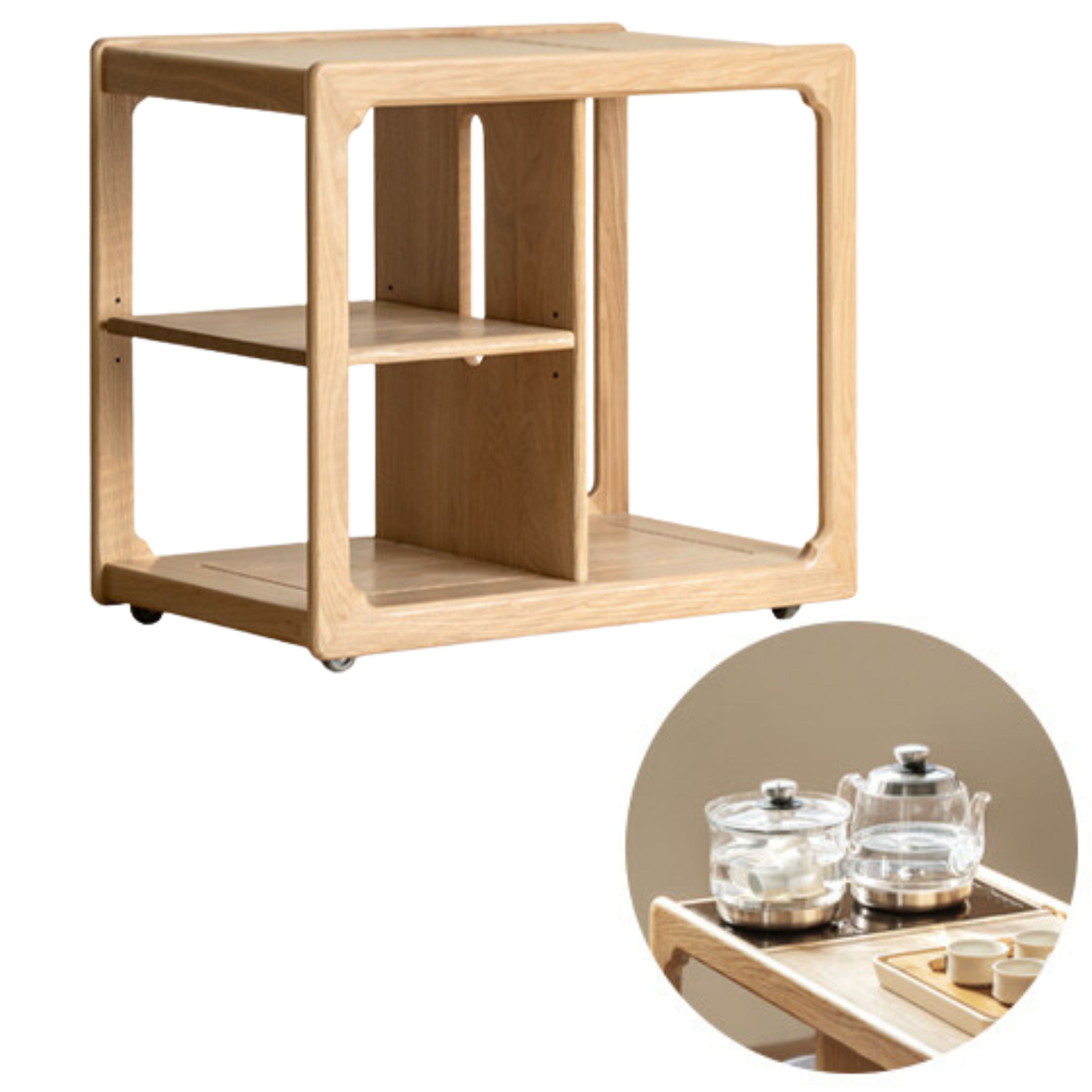 Premium Oak Solid Wood Folding Tea Table with Built-in Kettle - Perfect for Living Room, Garden, and Outdoor Tea Ceremonies