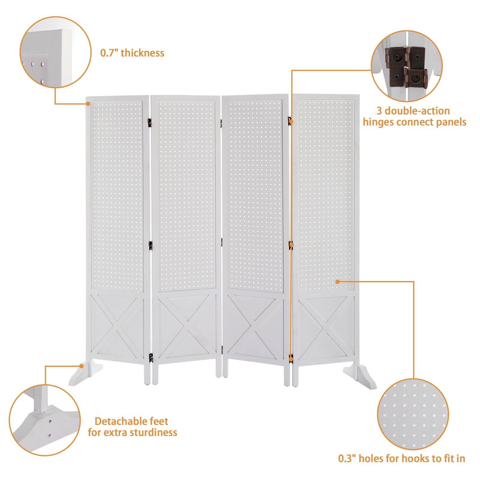 VINGLI 5 FT Freestanding Pegboard Organizer with Support Feet - White 4 Panel Wood Room Divider, Folding Privacy Screen & Display Board for Craft Shows, Retail Stores, Home Office & Event Space Separation
