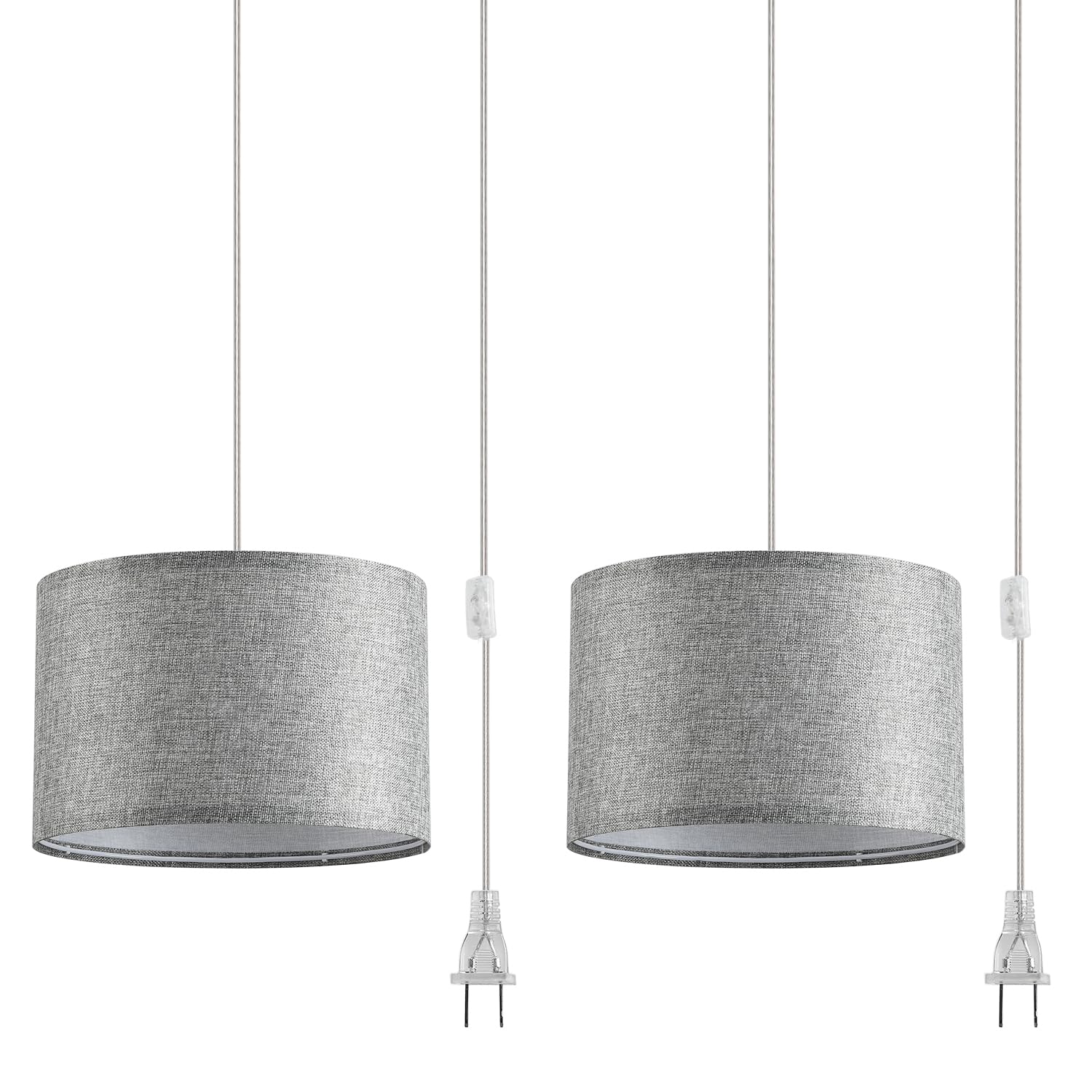 2 Pack Plug in Pendant Light with 15Ft Clear Cord & On/Off Switch - Grey Fabric Lamp Shade for Bedroom, Kitchen, Living Room & Dining Table - Modern Hanging Light Fixture for Home Decor & Cozy Ambiance