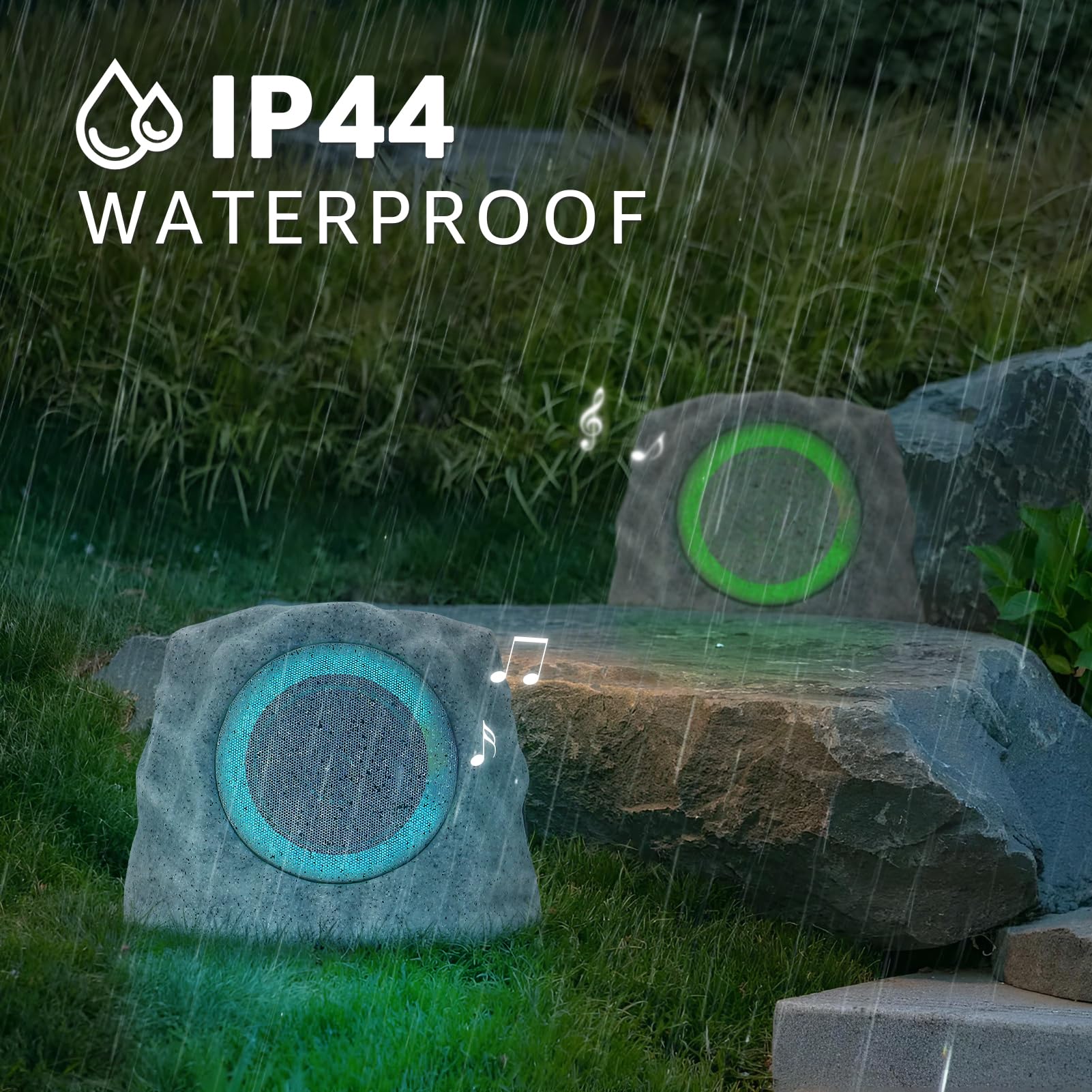 Outdoor Waterproof Bluetooth Rock Speakers - Solar Powered Wireless Pair with RGB Lights & USB Rechargeable Battery for Patio, Deck, Pool, Garden (2 Pack) | Perfect for Backyard Parties, Landscape Decor & Outdoor Entertainment