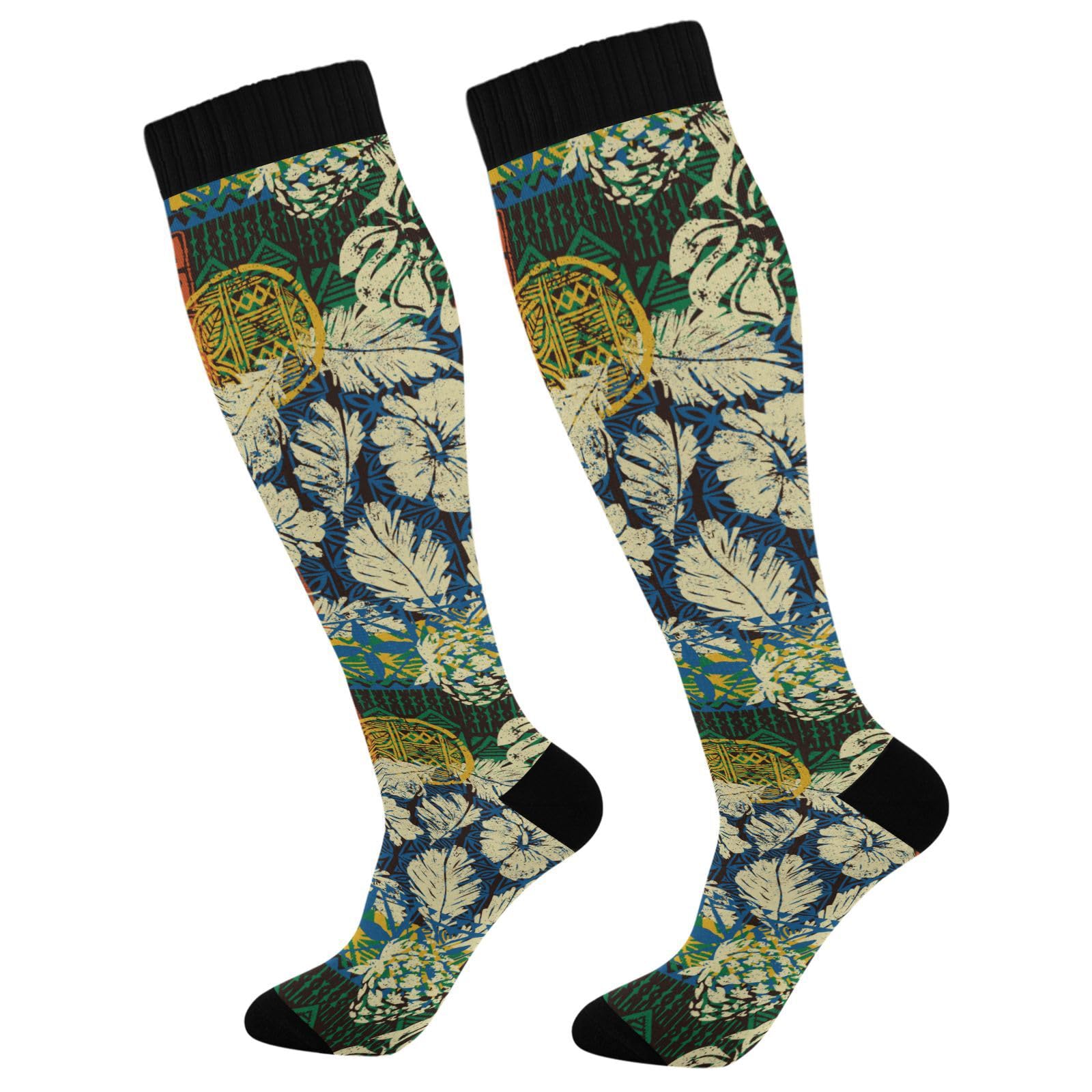 Hawaiian Tribal Hibiscus Knee High Compression Socks for Men & Kids - Running, Sports & Nurse Socks (One Size) - Perfect for Workout, Marathon & Medical Professionals
