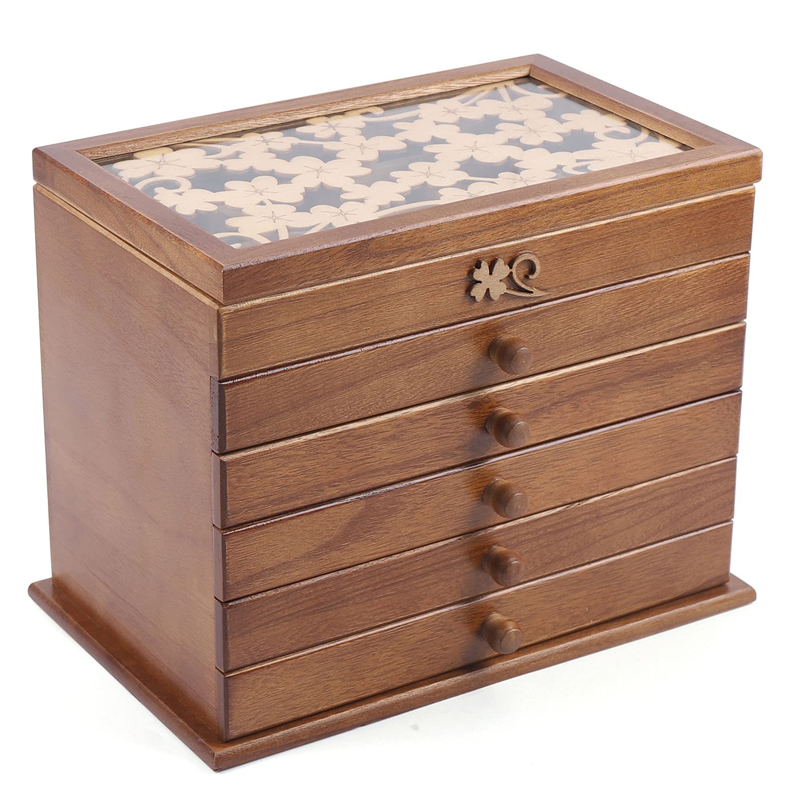 6-Layer Wooden Jewelry Storage Box with Sliding Drawers & Glass Cover - Vintage Retro Display Cabinet with Four-Leaf Clover Carving - Perfect for Organizing Necklaces, Rings & Earrings in Bedroom or Boutique