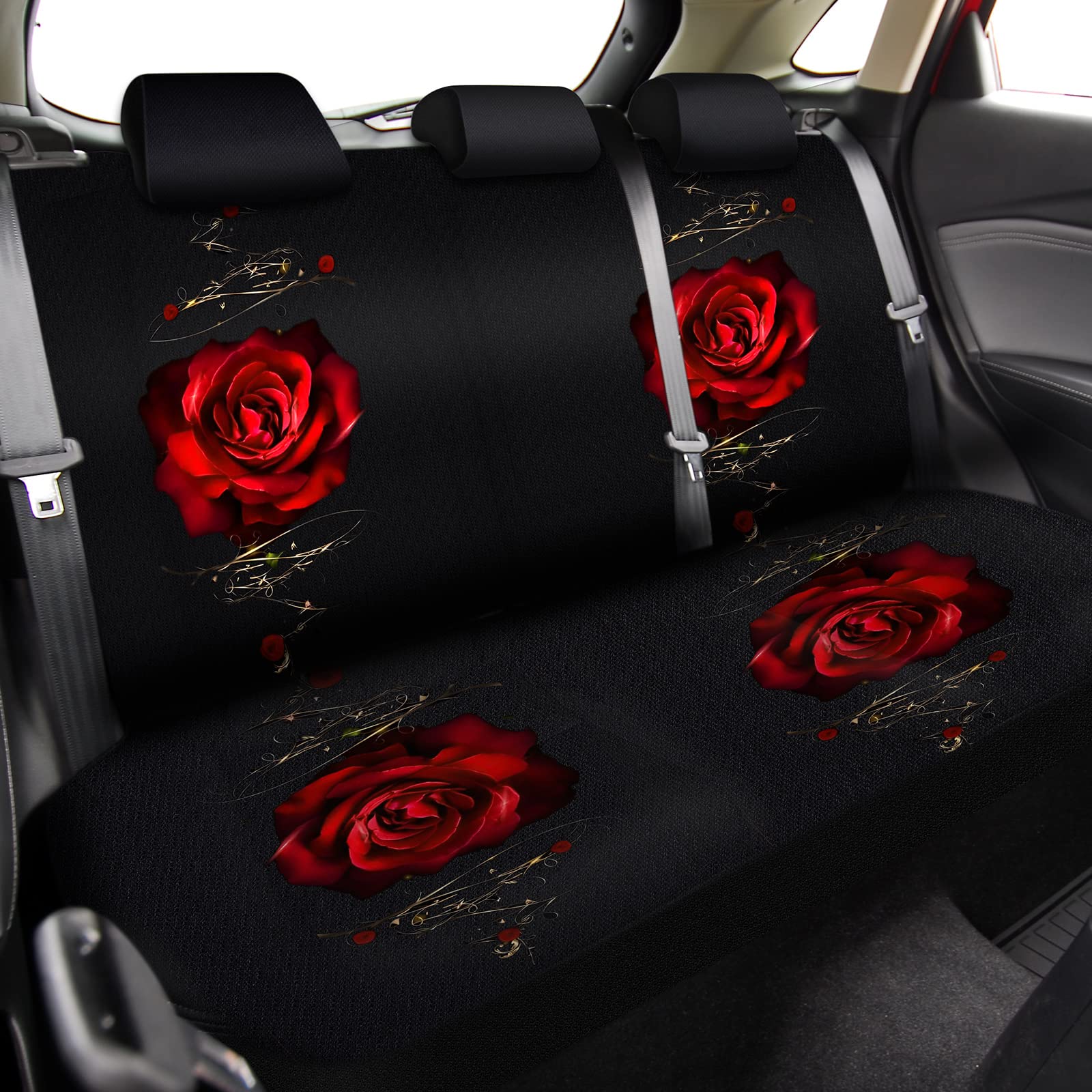 15-Piece Rose Flower Car Seat Cover Set for Women - Universal Fit with Steering Wheel & Armrest Covers - Premium Polyester Fabric (Red) - Perfect for Daily Commute, Road Trips & Car Interior Decoration
