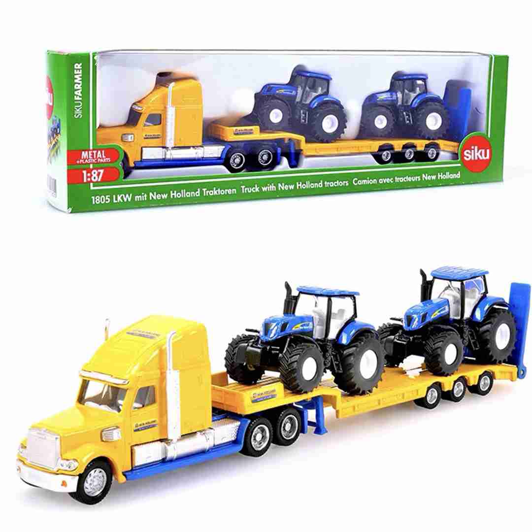 1:87 Scale Siku 1837/1805 Farmer Low Loader Truck with 2 John Deere Tractors & New Holland Trailer - Diecast Model Cars for Collectors, Hobbyists & Gifts | Farm Scene Display, Toy Vehicle Collection, Miniature Agriculture Diorama
