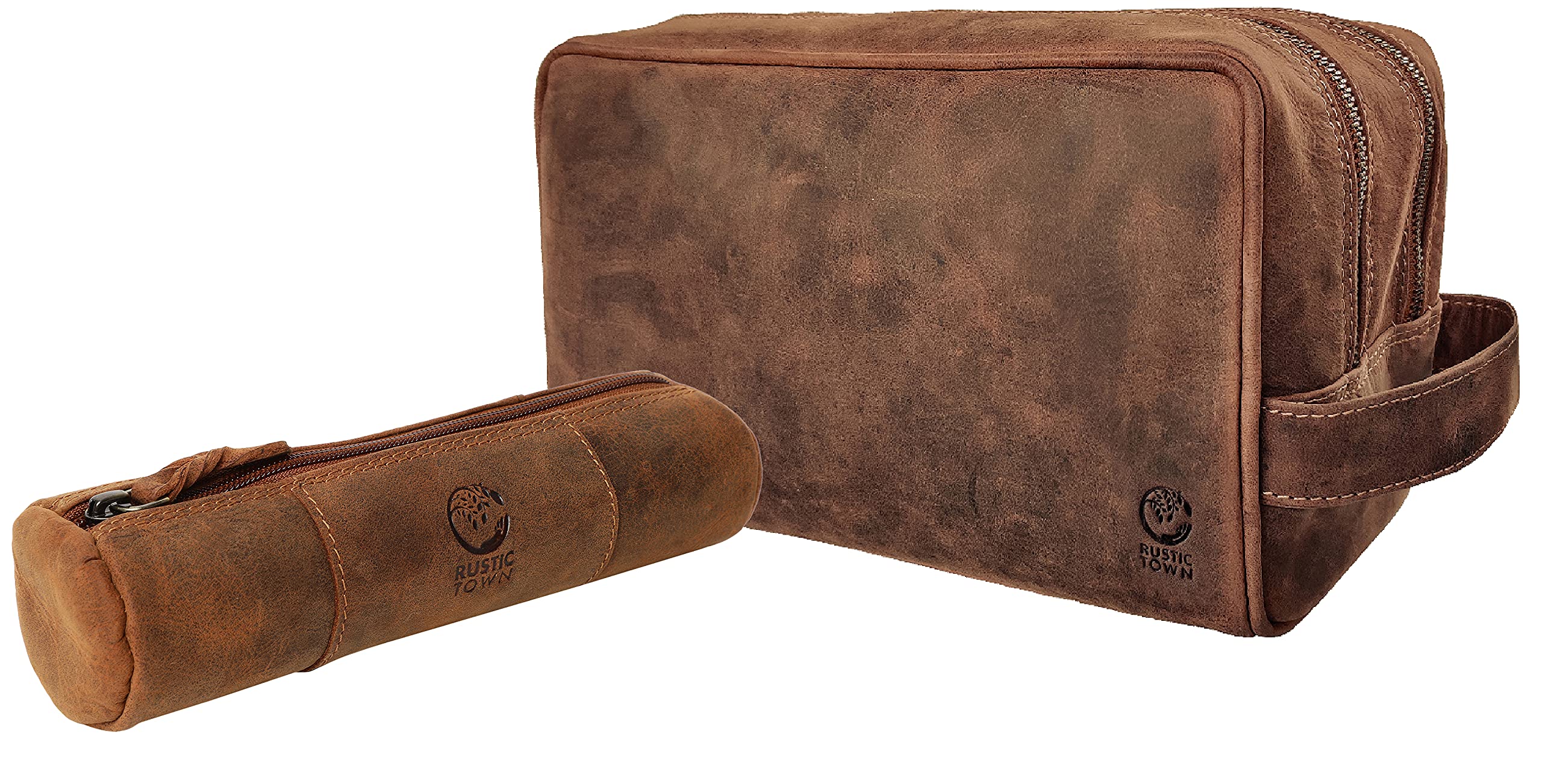 Vintage Leather Pencil Case & Toiletry Bag Set - Stylish Pencil Pouch & Dopp Kit Combo for Men & Women - Perfect for School, Office, Travel & Gifts