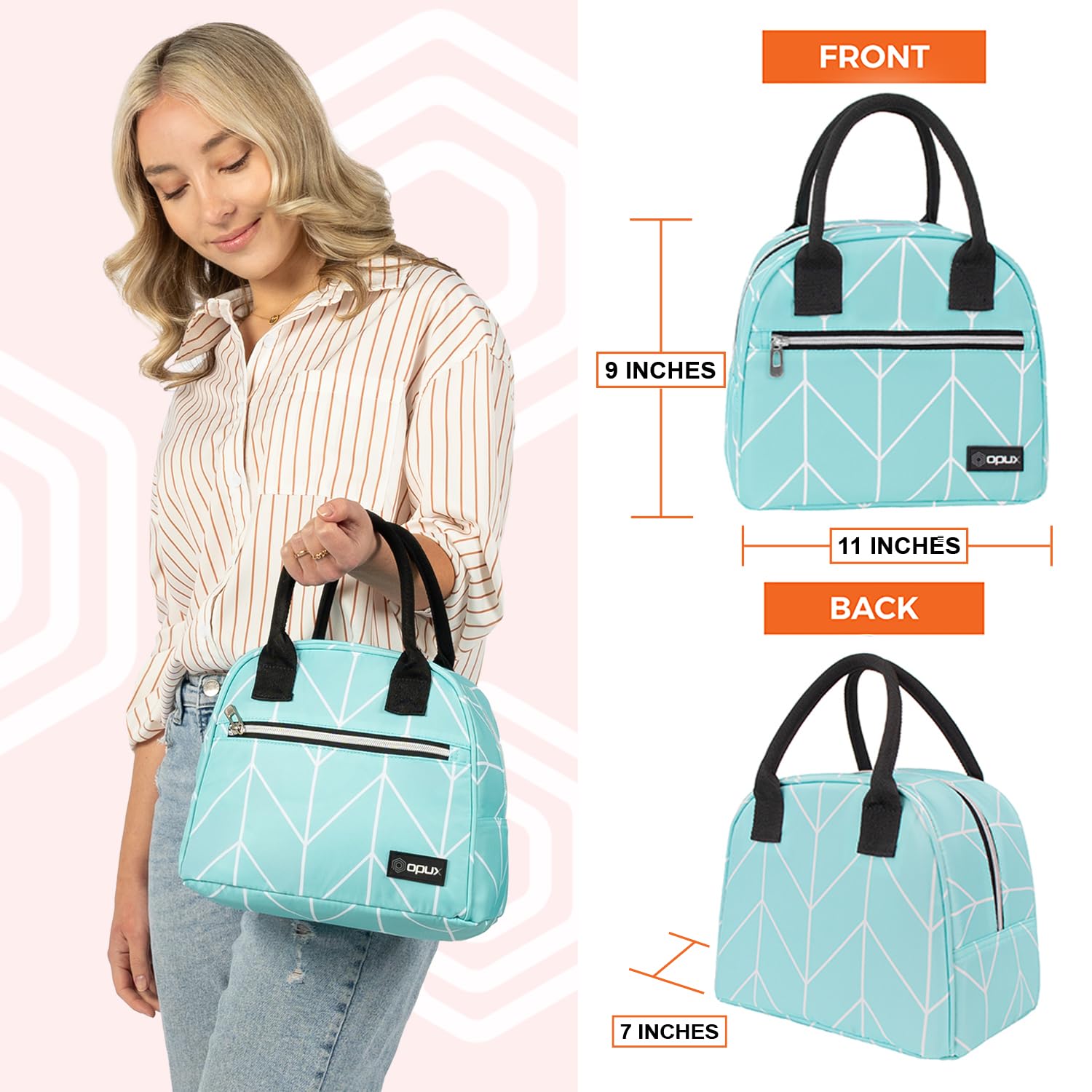 Opux Insulated Lunch Box for Women, Kids & Teens - Reusable Thermal Lunch Bag Tote for Work, School & Travel - Cute Soft Cooler Container for Meal Prep - Perfect for Office, Beach & Outdoor Activities - Teal Chevron Design