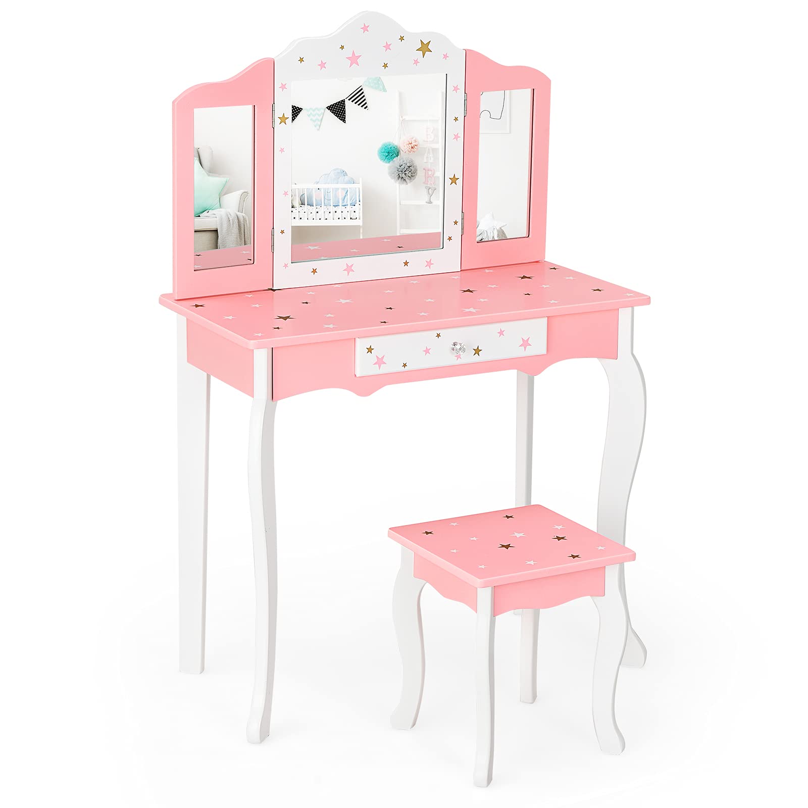 Princess Makeup Vanity Set for Girls with Mirror & Stool - Pretend Play Dress Up