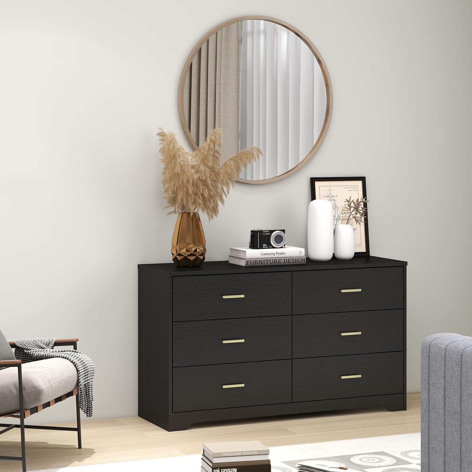 Modern 6-Drawer Wooden Dresser - Solid Wood Lateral Chest of Drawers with Wide Storage Drawers & Gold Metal Handles for Bedroom, Living Room, Hallway | Space-Saving Storage Organizer for Clothes, Linens & Home Essentials