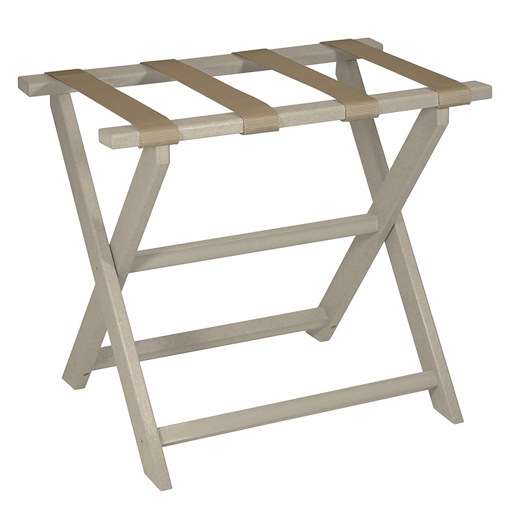 Eco-Friendly Taupe Folding Luggage Rack with Dark Tan Straps - Space-Saving Travel Organizer for Bedrooms, Hotels & Dorm Rooms