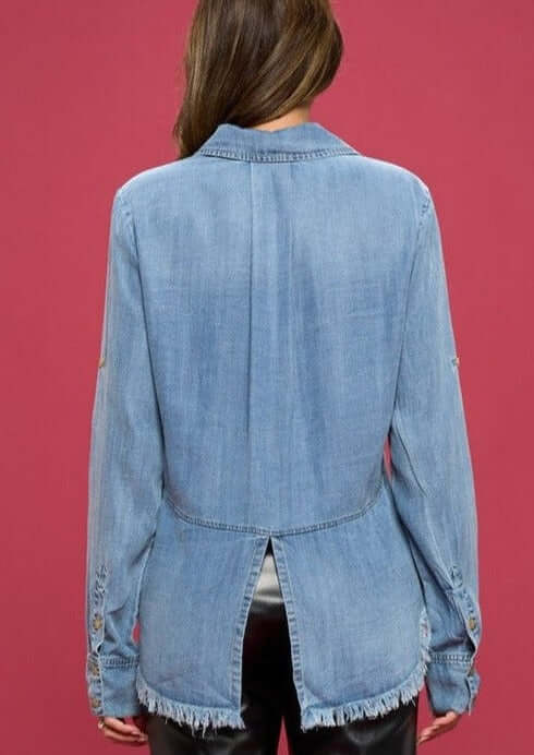 Stylish Denim Washed Shirt with Trendy Fringe Hem - Casual & Boho Outfit Essential for Women | Perfect for Layering, Music Festivals & Everyday Wear | Final Sale Clearance