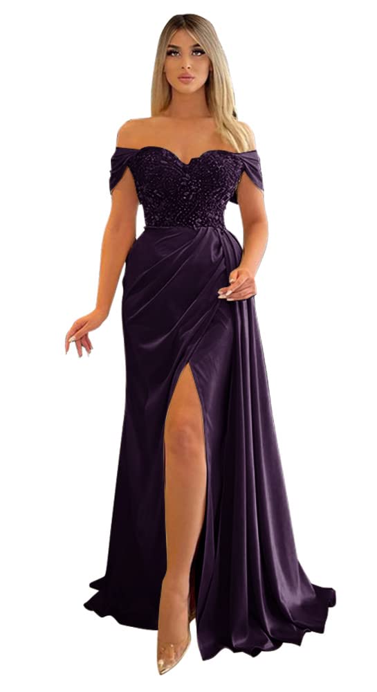 Elegant Mermaid Slit Prom Dresses 2024 - Off Shoulder Beaded Bridesmaid Gowns for Women | Formal Evening Party Dresses for Homecoming, Wedding & Special Occasions