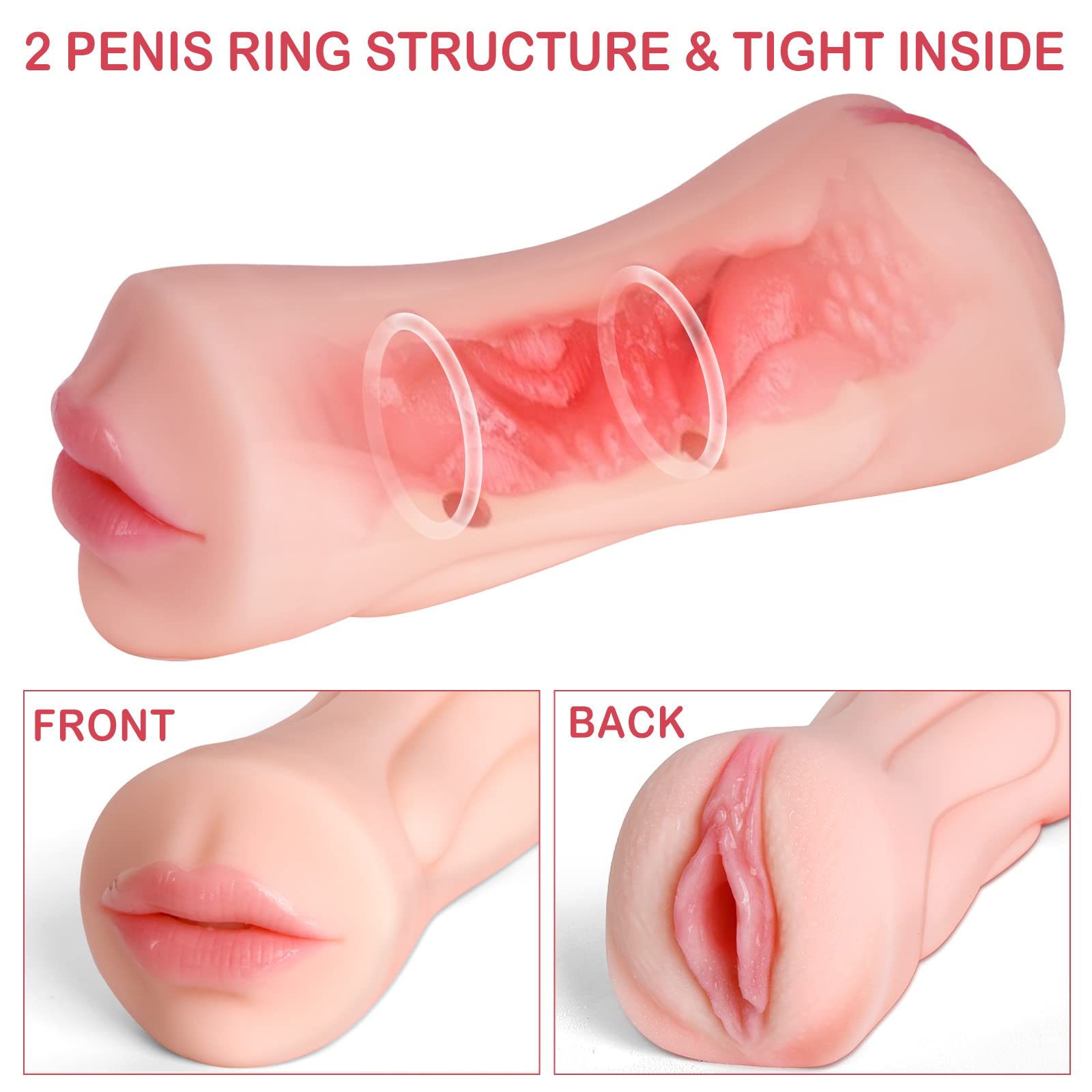 Realistic Male Masturbator Stroker with 2 Penis Rings - Lifelike Mouth & Tight Vagina Oral Sex Toy for Men - Deep Throat Stimulation Adult Toy for Solo Play & Couples Fun