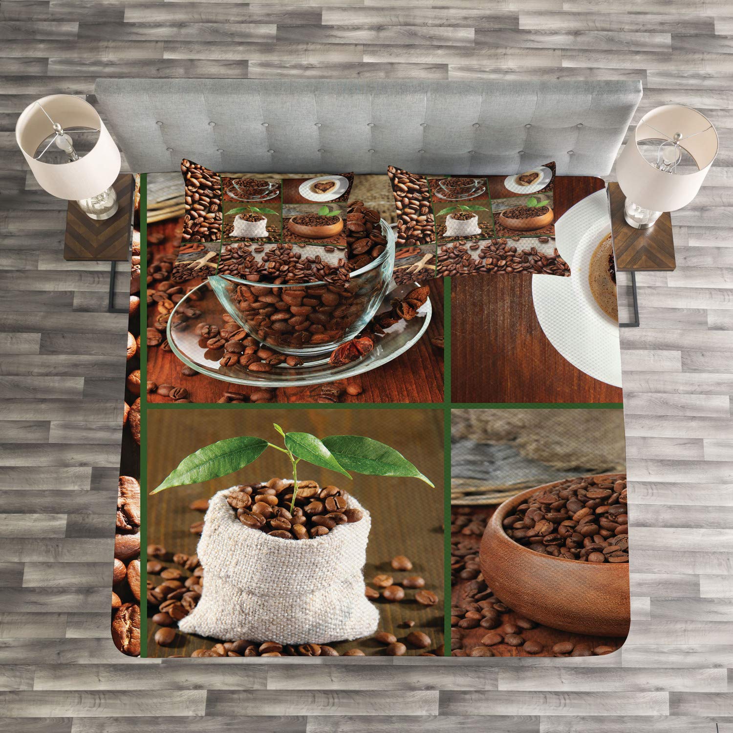 Ambesonne 3-Piece King Size Brown Bedspread Set with Coffee Beans & Green Leaves Design, Includes Coverlet and 2 Pillow Shams – Perfect for Cozy Bedrooms, Farmhouse Decor, and Coffee Lover Gifts