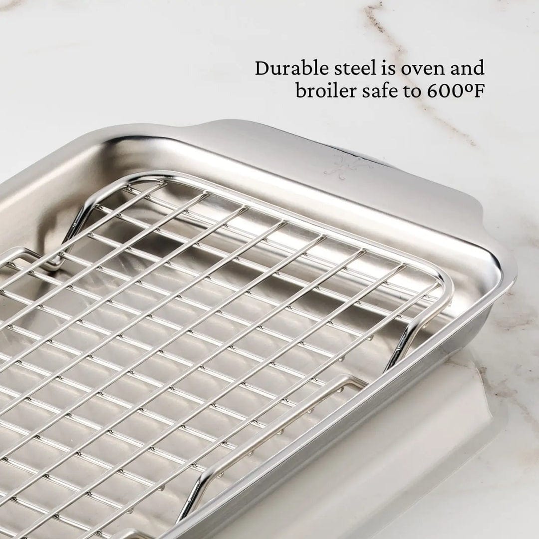 Hestan Provisions Tri-Ply Stainless Steel Mini 1/8 Sheet Pan with Rack - Perfect for Baking, Roasting & Meal Prep in Small Ovens or Toaster Ovens