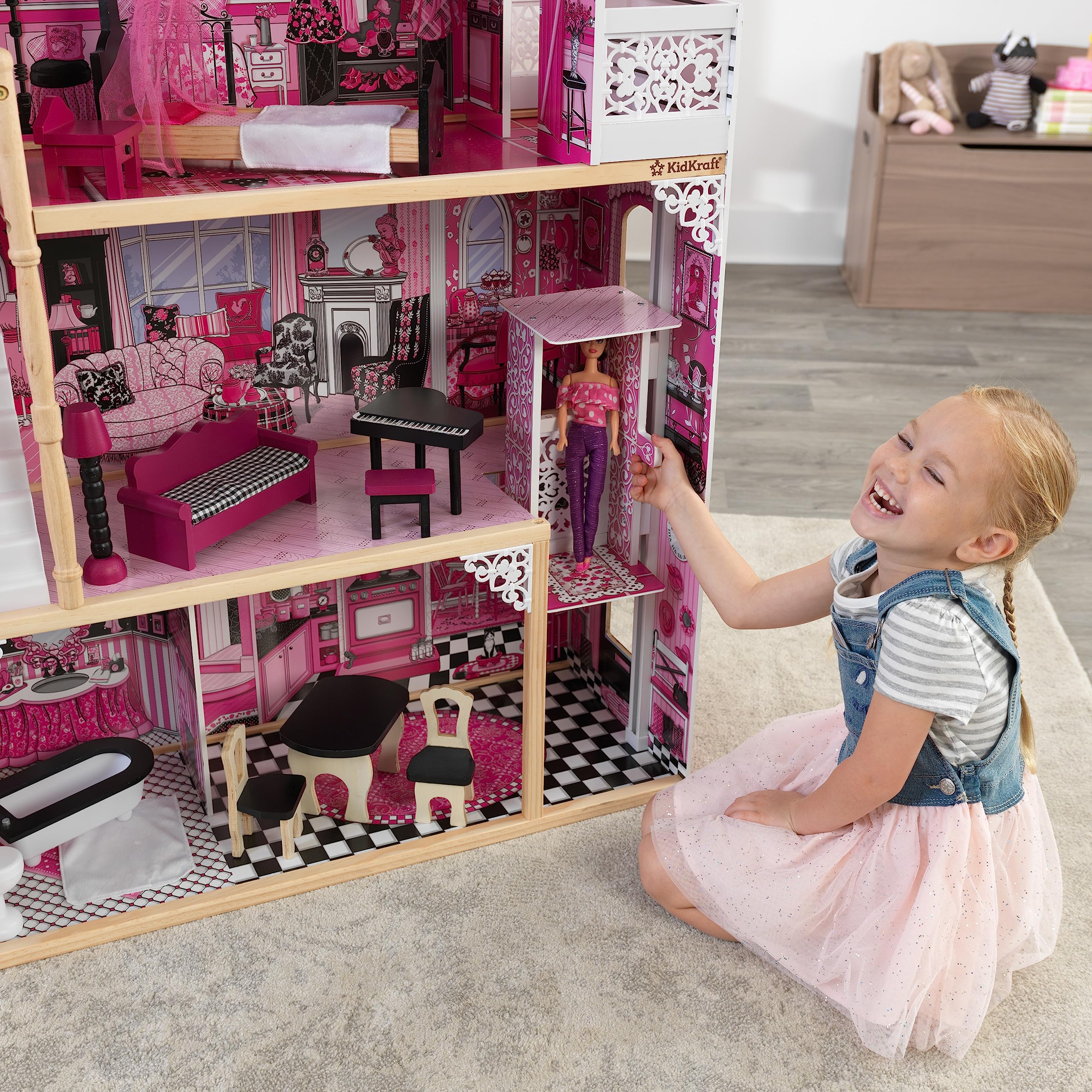 KidKraft Amelia Wooden Dollhouse with Elevator & Balcony - 15-Piece Furniture Accessories Set, Pink Playhouse for Girls Ages 3+ | Perfect for Pretend Play, Birthday Gifts & Nursery Decor