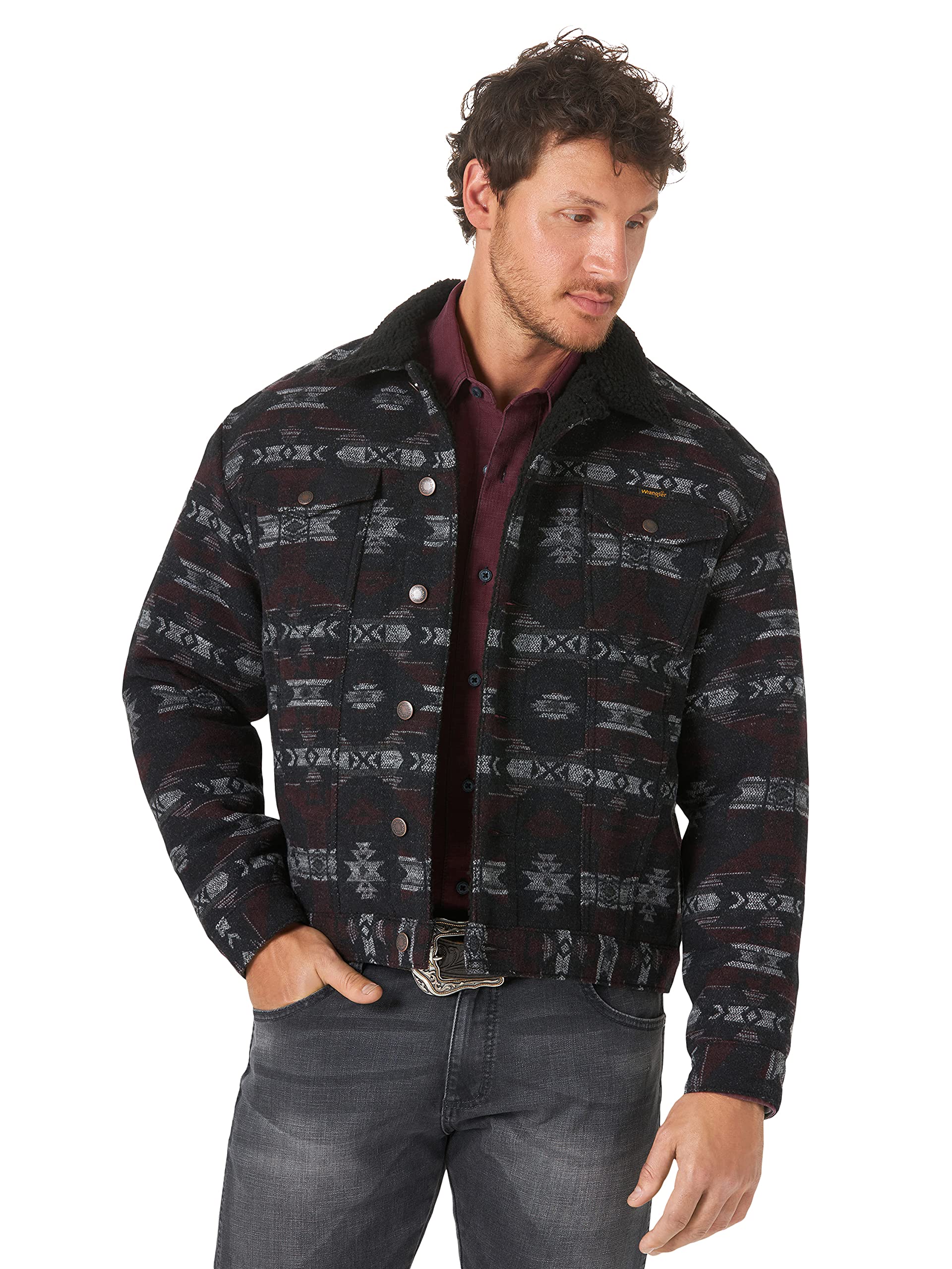 Wrangler Men's Western Sherpa Lined Denim Trucker Jacket - Warm Winter Coat for Cowboy Style & Outdoor Work | Ranch, Rodeo, Camping & Casual Wear
