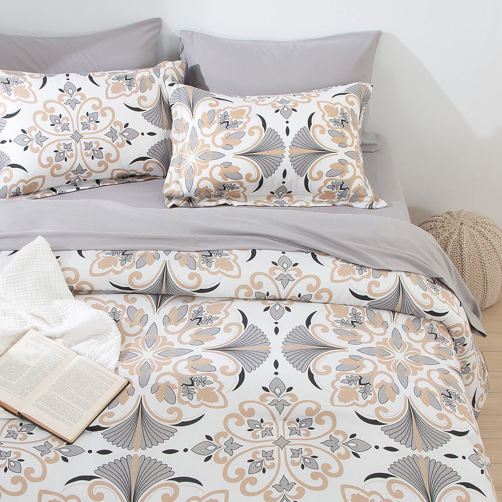 EMME Twin Comforter Set 5-Piece - Grey White Floral Botanical Bedding with Geometric Pattern, Soft Plant Printed Duvet Cover & Sheets, All-Season Fluffy Bedding Set (68