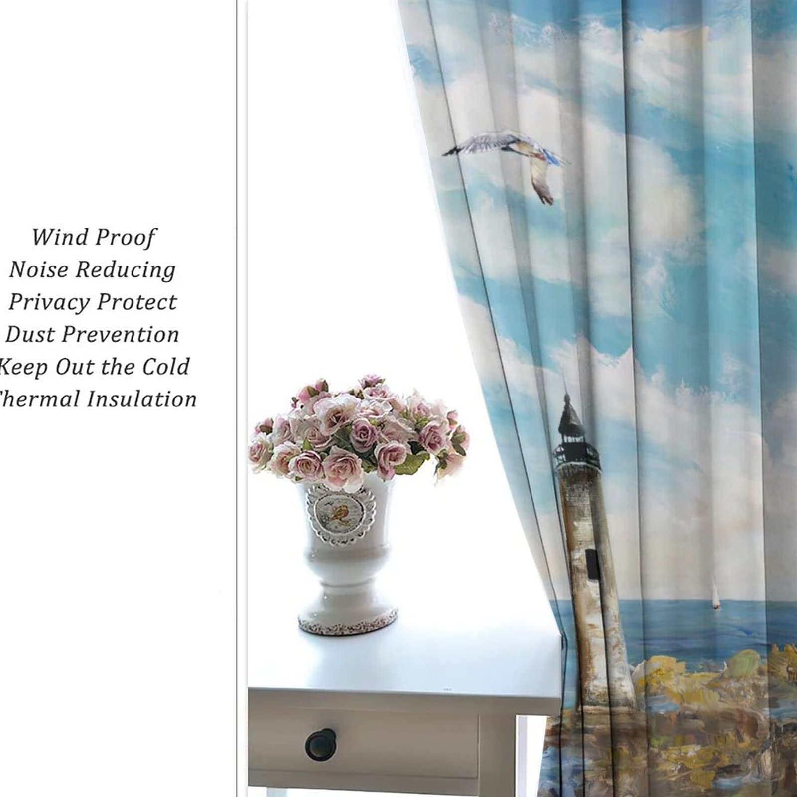 Nautical Lighthouse Seagull Ocean Waves Blackout Curtains - Thermal Insulated Room Darkening Grommet Curtain Panels for Bedroom & Living Room (2 Panels, 63