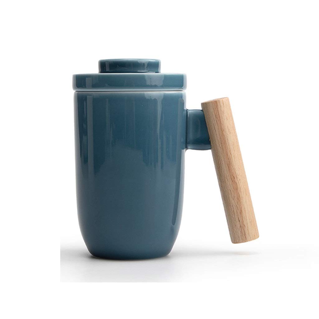 Premium 300ml Ceramic Coffee Mug with Lid, Filter & Wooden Handle - Large Capacity Travel Tea Cup for Home, Office & Outdoor (Blue) - Ideal for Coffee, Tea & Hot Beverages On The Go