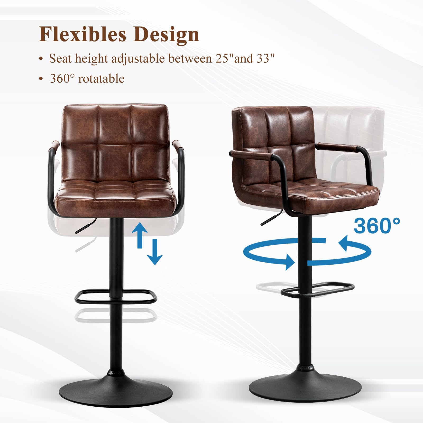 Furniliving Set of 2 Modern Square PU Leather Bar Stools with Back & Armrest - Adjustable Height Counter Stools for Kitchen, Bar, Pub, Cafe - Perfect for Breakfast Nooks, Home Bars & Restaurant Seating (Dark Brown)