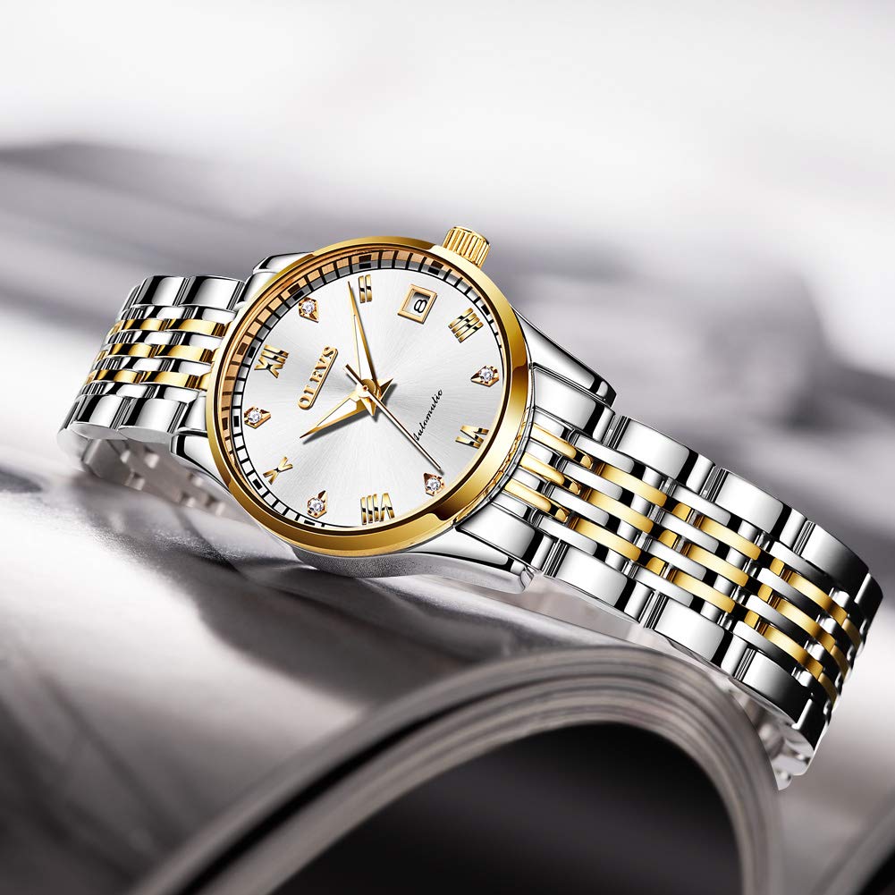 OLEVS Automatic Couple Watches Set for Men and Women - His and Hers Mechanical Self-Winding Tourbillon Dress Watches with Day Date Calendar, Two-Tone Big Face - Perfect for Anniversaries, Weddings & Romantic Gifts