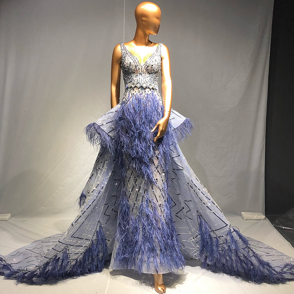 Serene Hill Blue Beaded Feather Evening Gown 2025 - Elegant Mermaid Wedding Dress with Overskirt for Women | Perfect for Formal Parties, Prom & Special Occasions