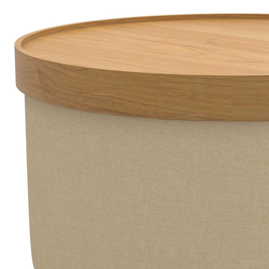 Round Storage Ottoman with Tray - Beige & Natural Fabric Upholstered Footrest Stool for Living Room, Bedroom, Nursery | Multi-Functional Coffee Table, Extra Seating & Hidden Storage Organizer
