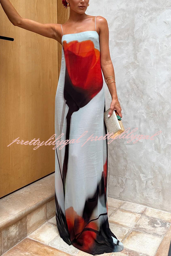 Abstract Tulip Print Slip H-Line Vacation Maxi Dress | Floral Summer Beach Dress for Women | Perfect for Vacations, Weddings & Outdoor Parties