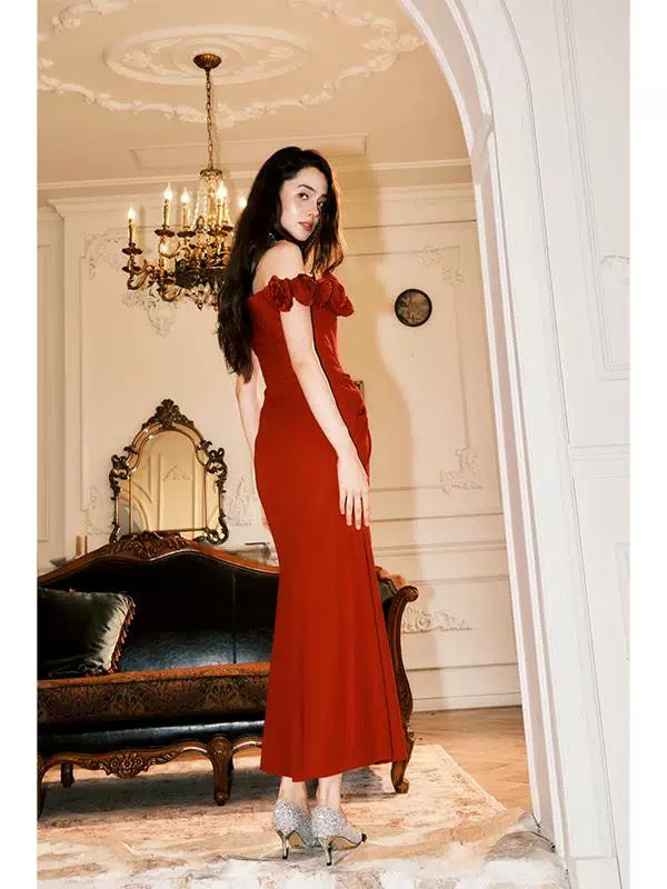 Elegant Off-The-Shoulder 3D Floral Red Evening Dress with High Slit - Perfect for Prom, Cocktail Parties & Date Nights - Style J6537