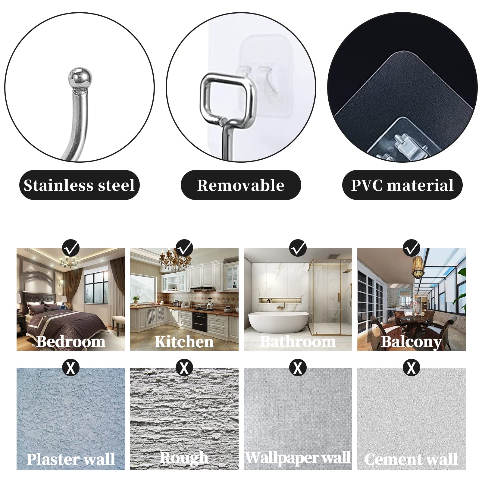 KEYIDO 10-Pack Heavy Duty Adhesive Hooks - 33 lb/15kg Max Weight, Clear Strong Stick-On Hooks for Wall, No Nails Needed - Perfect for Bathroom, Kitchen, Office & Home Organization