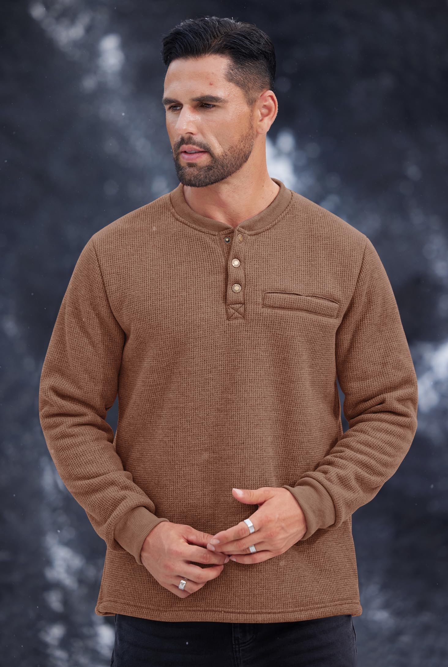 Men's Sherpa Lined Waffle Henley Long Sleeve Thermal Pullover - Winter Casual Shirt (S-XXL) | Warm Fleece Lined Top for Outdoor Activities & Cozy Indoor Wear